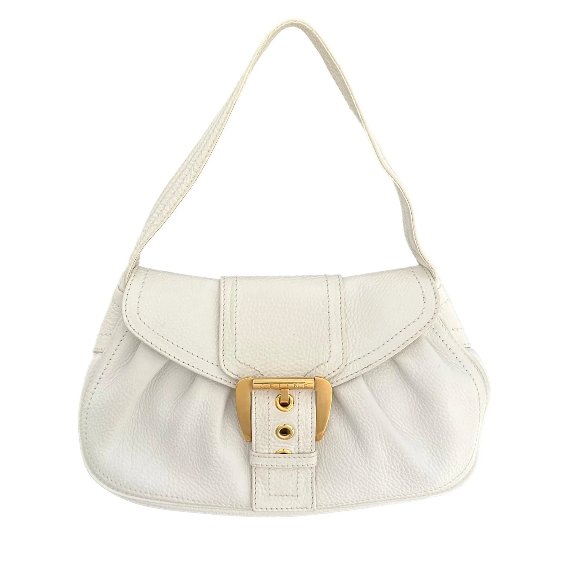 Celine White Leather Buckle Shoulder Bag