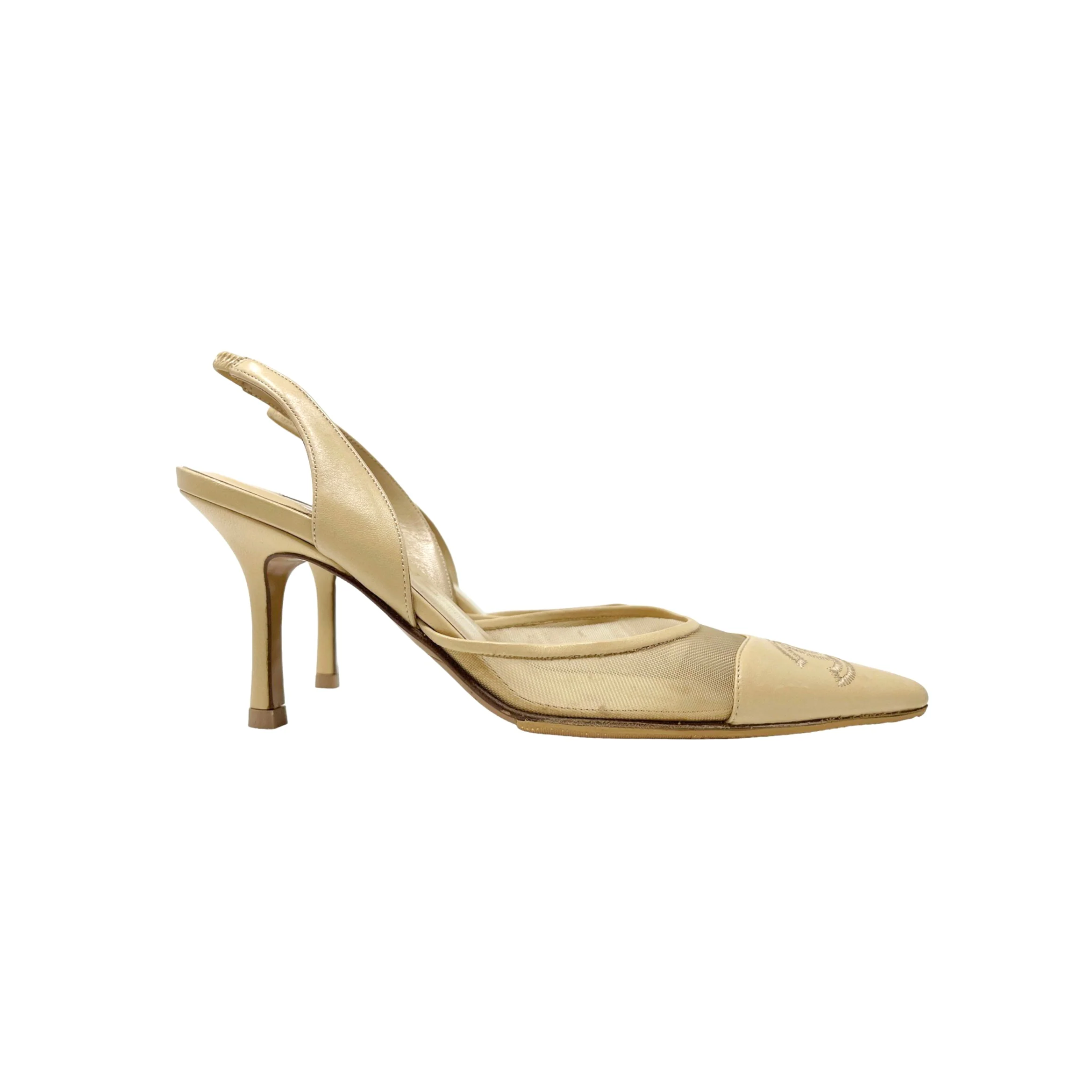 Chanel Beige Mesh Slingback Logo Heels