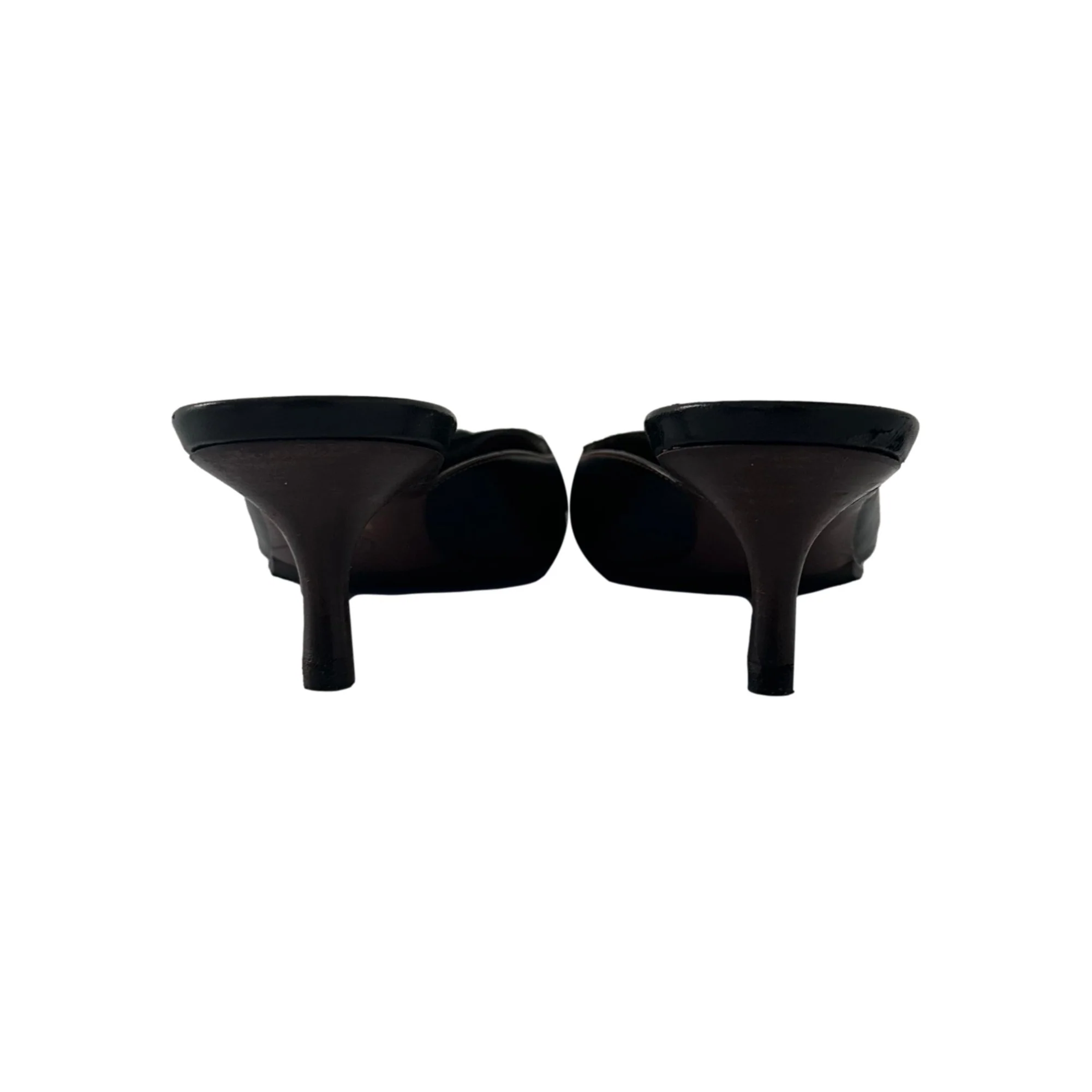 Chanel Black Leather Embroidered Logo Heels - Image 3