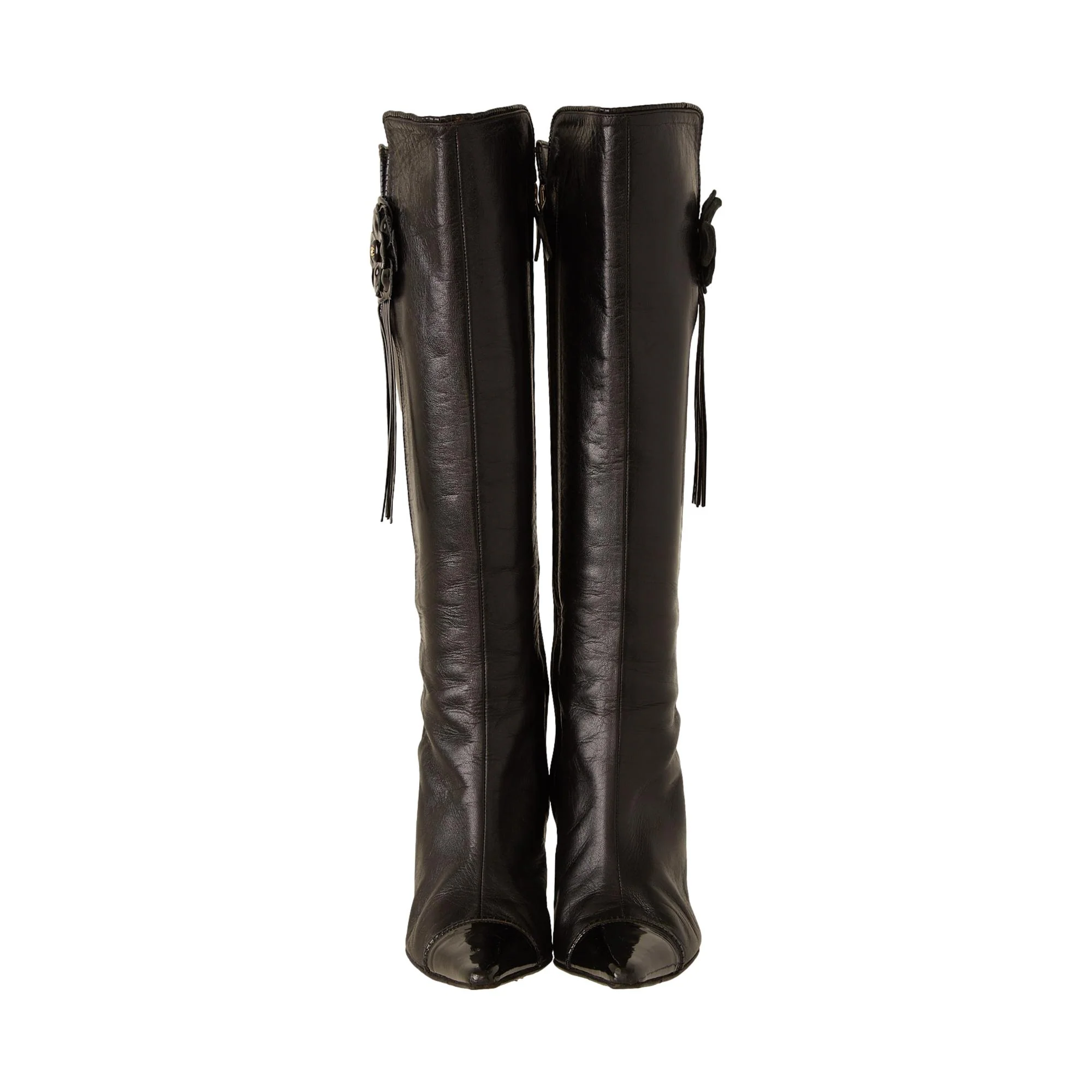 Chanel Black Leather Camellia Boots - Image 3
