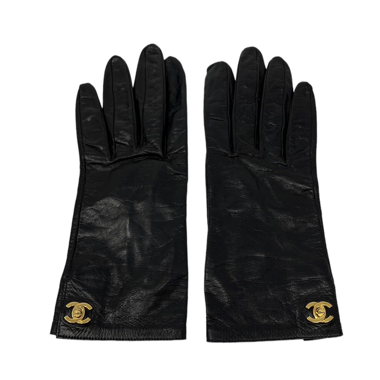 Chanel Black Logo Turnlock Leather Gloves