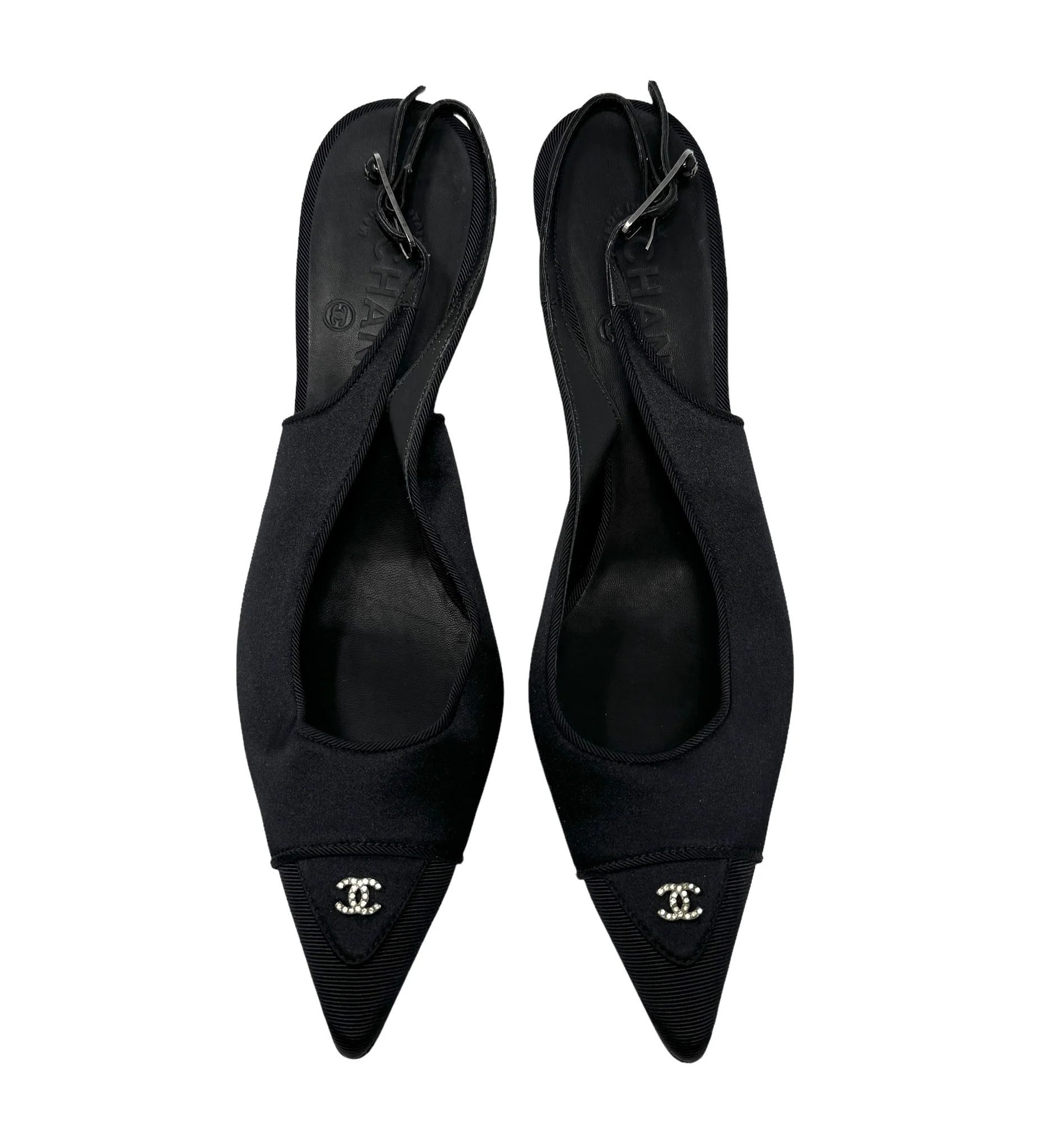 Chanel Black Satin Logo Heels - Image 3