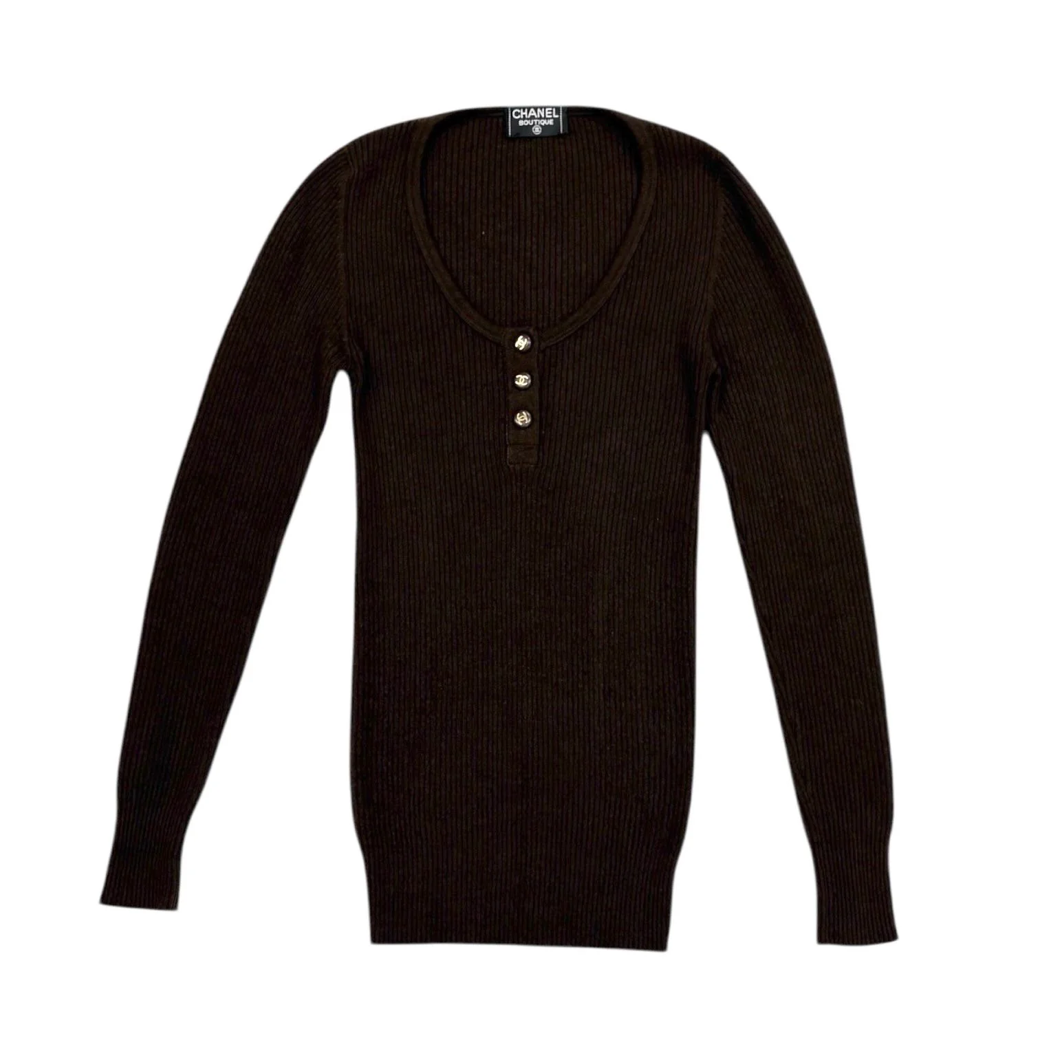 Chanel Brown Ribbed Logo Button Sweater