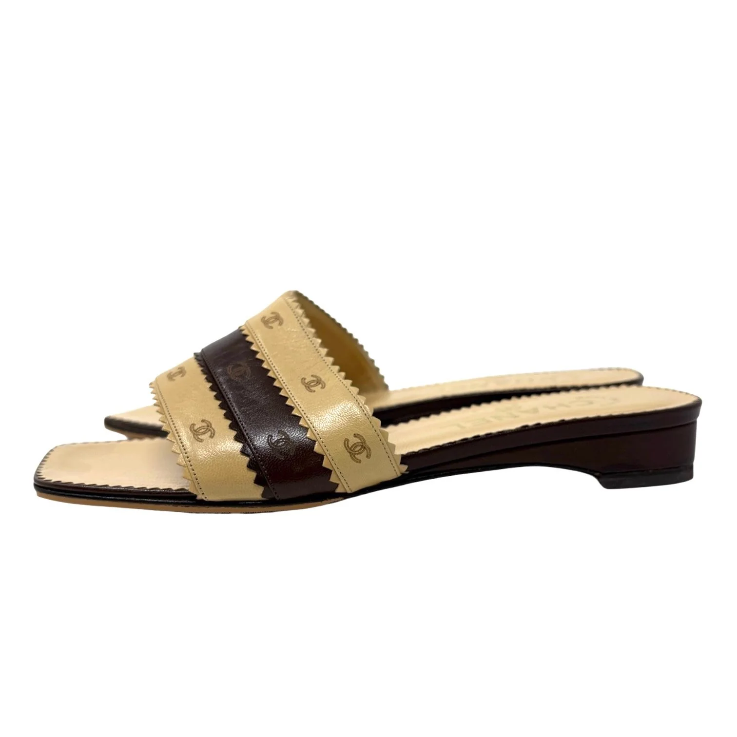 Chanel Cream + Brown Leather Logo Sandals