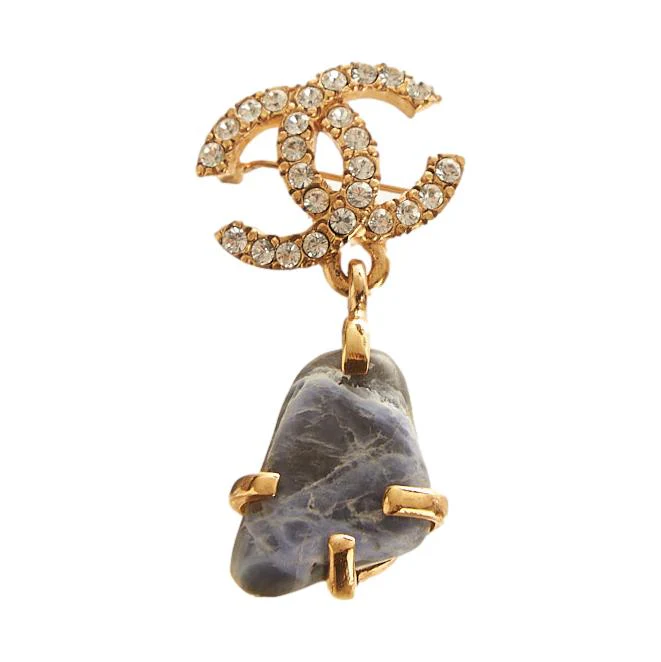 Chanel Gold Stone Rhinestone Logo Drop Pin