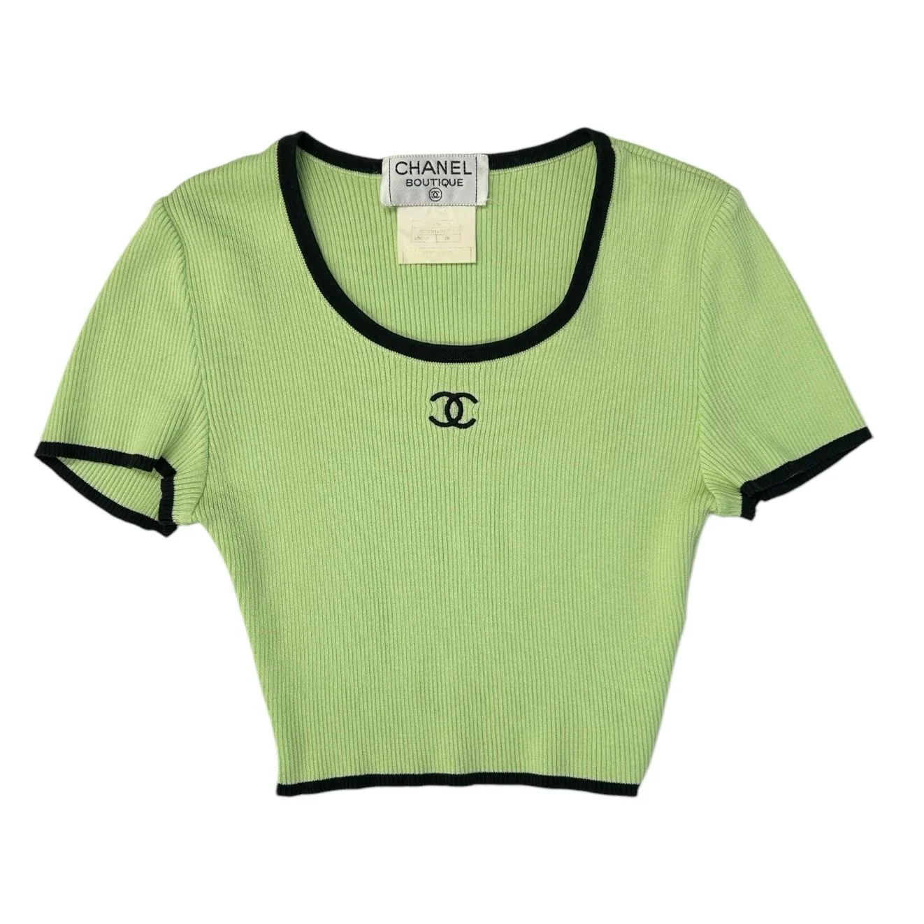 Chanel Green Ribbed Logo Cropped Top
