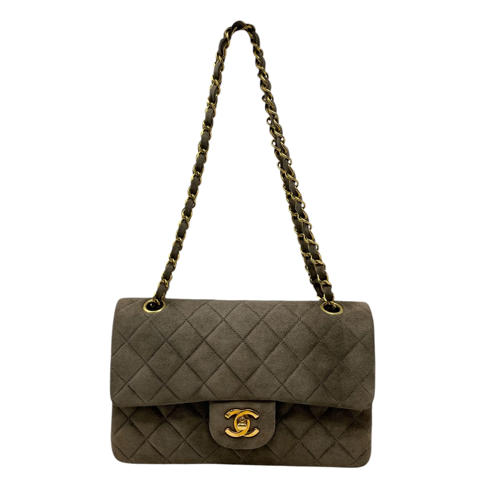 Chanel Grey/Brown Suede Medium Double Flap Bag
