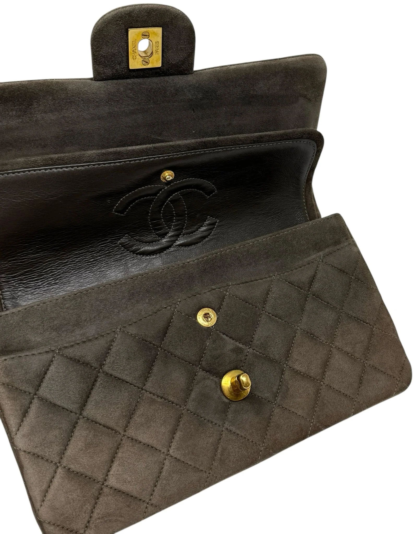 Chanel Grey/Brown Suede Medium Double Flap Bag - Image 5