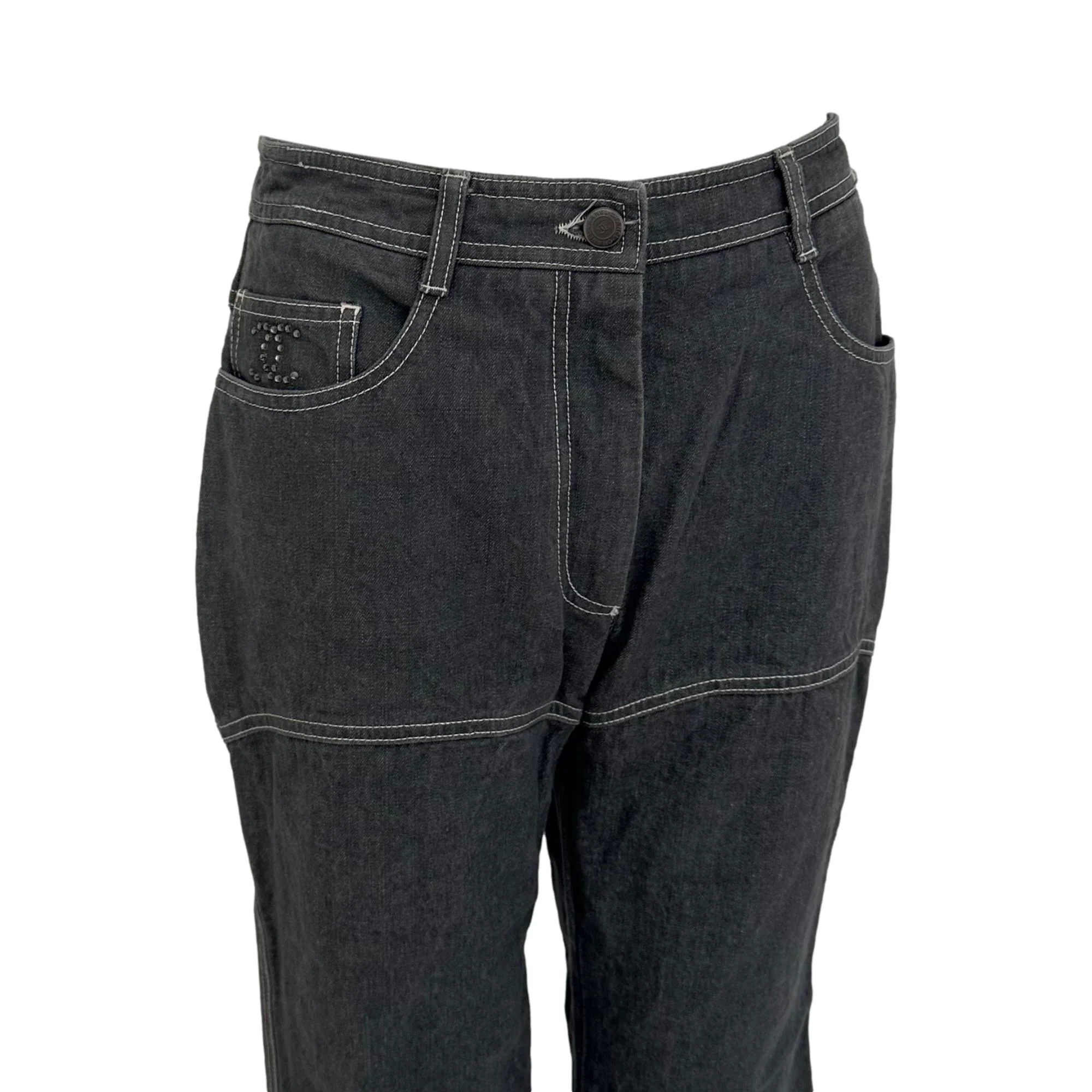 Chanel Grey Denim Wide-Leg Rhinestone Logo Jeans - Image 2