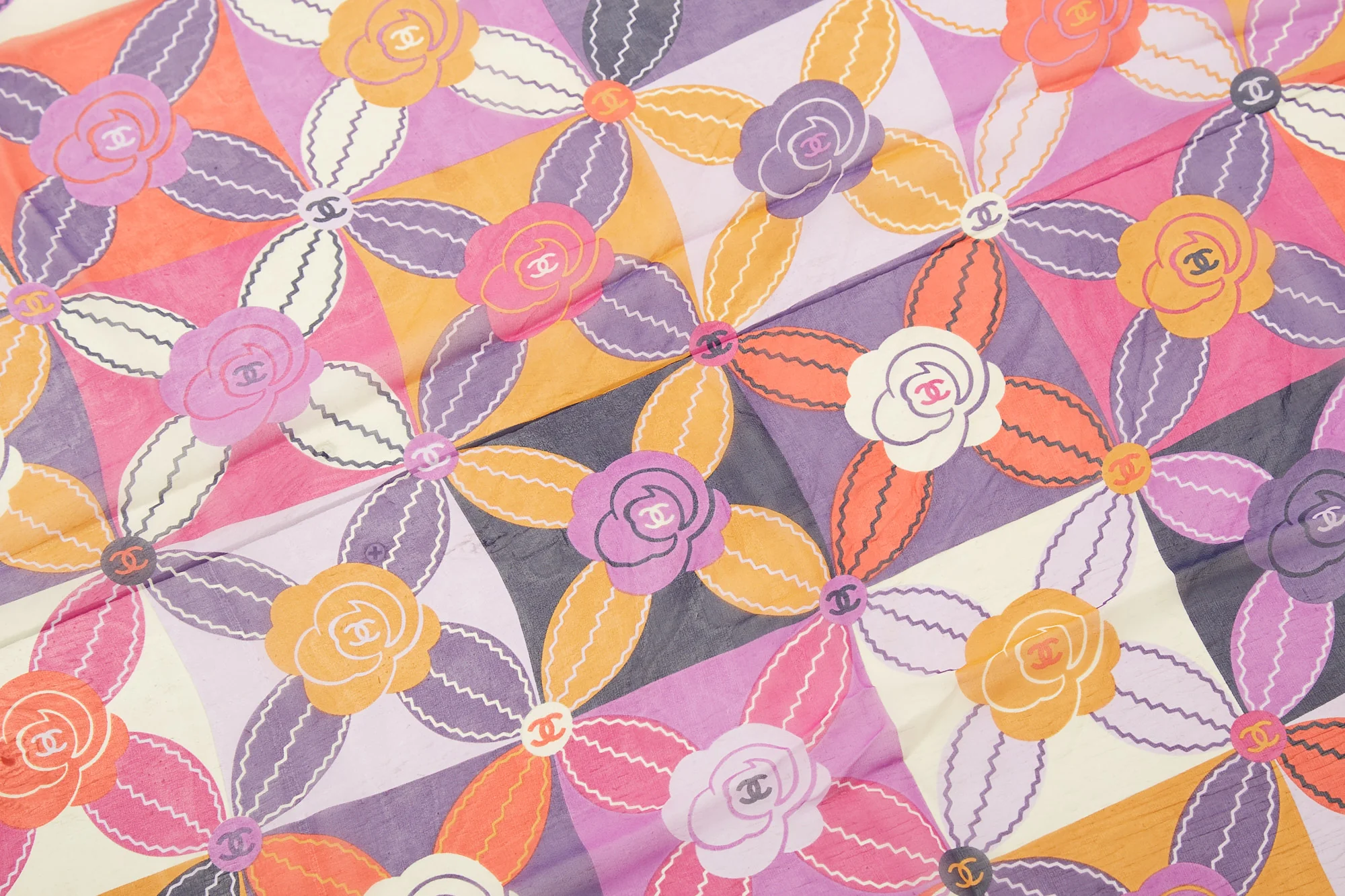 Chanel Purple Silk Camellia Pattern Scarf - Image 2