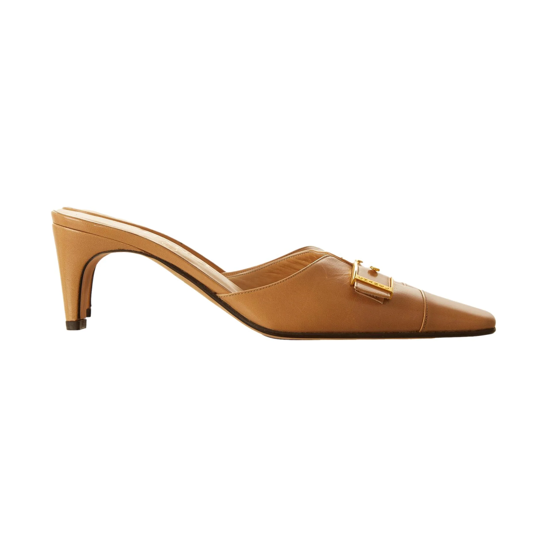 Chanel Tan Logo Buckle Kitten Heels - Image 2