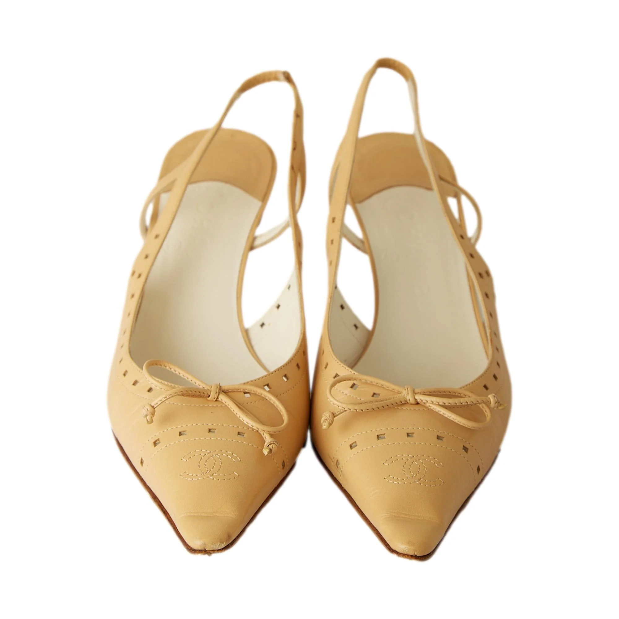 Chanel Tan Logo Slingback Kitten Heels - Image 2