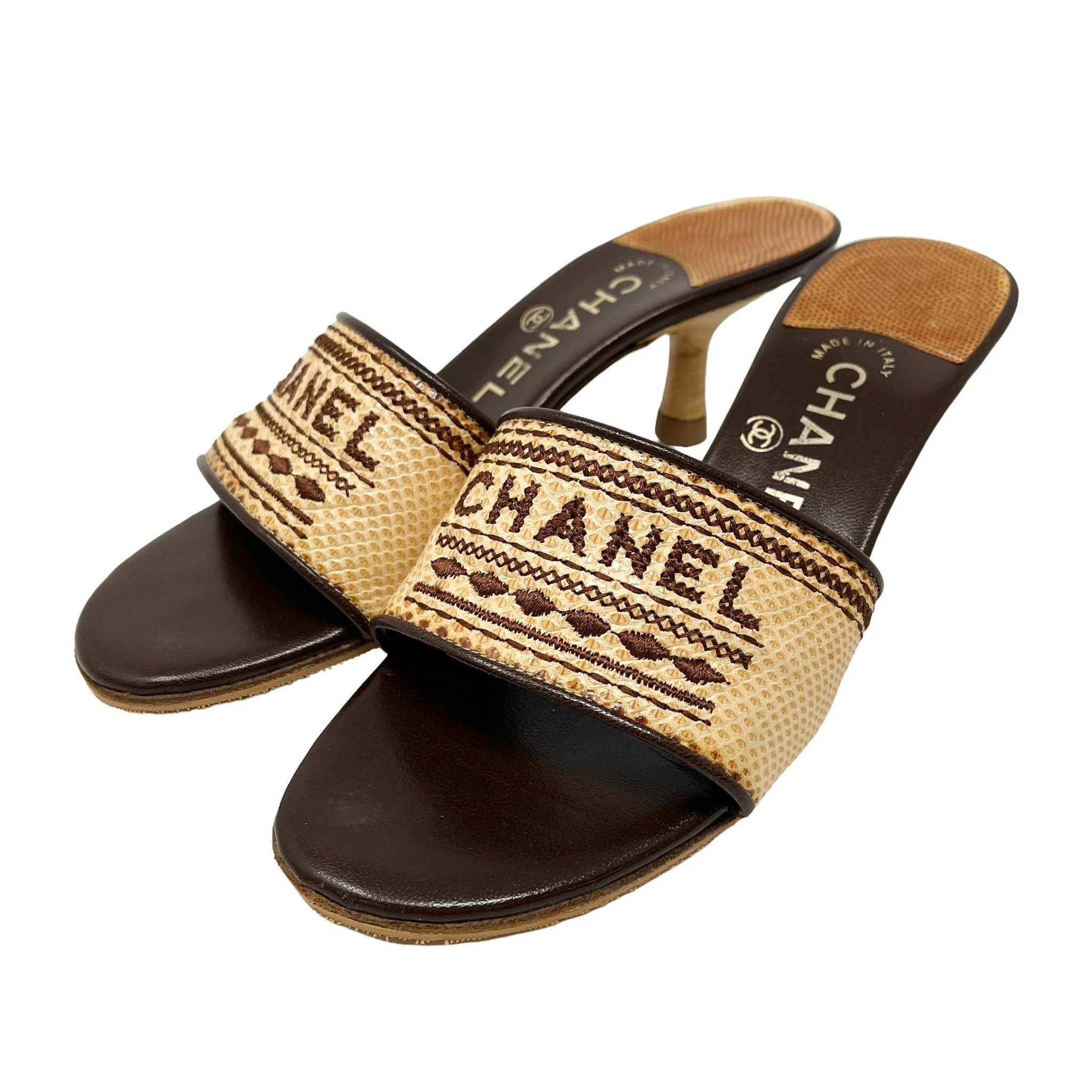 Chanel Tan Woven Logo Kitten Heel - Image 3