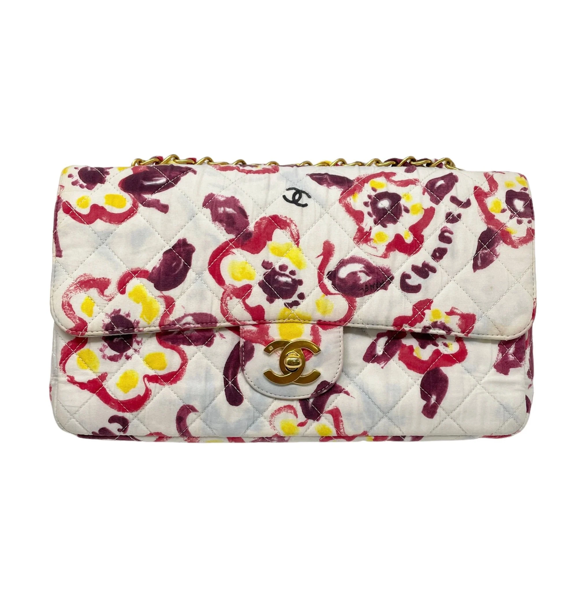 Chanel White Floral Canvas Flap Bag - Image 2