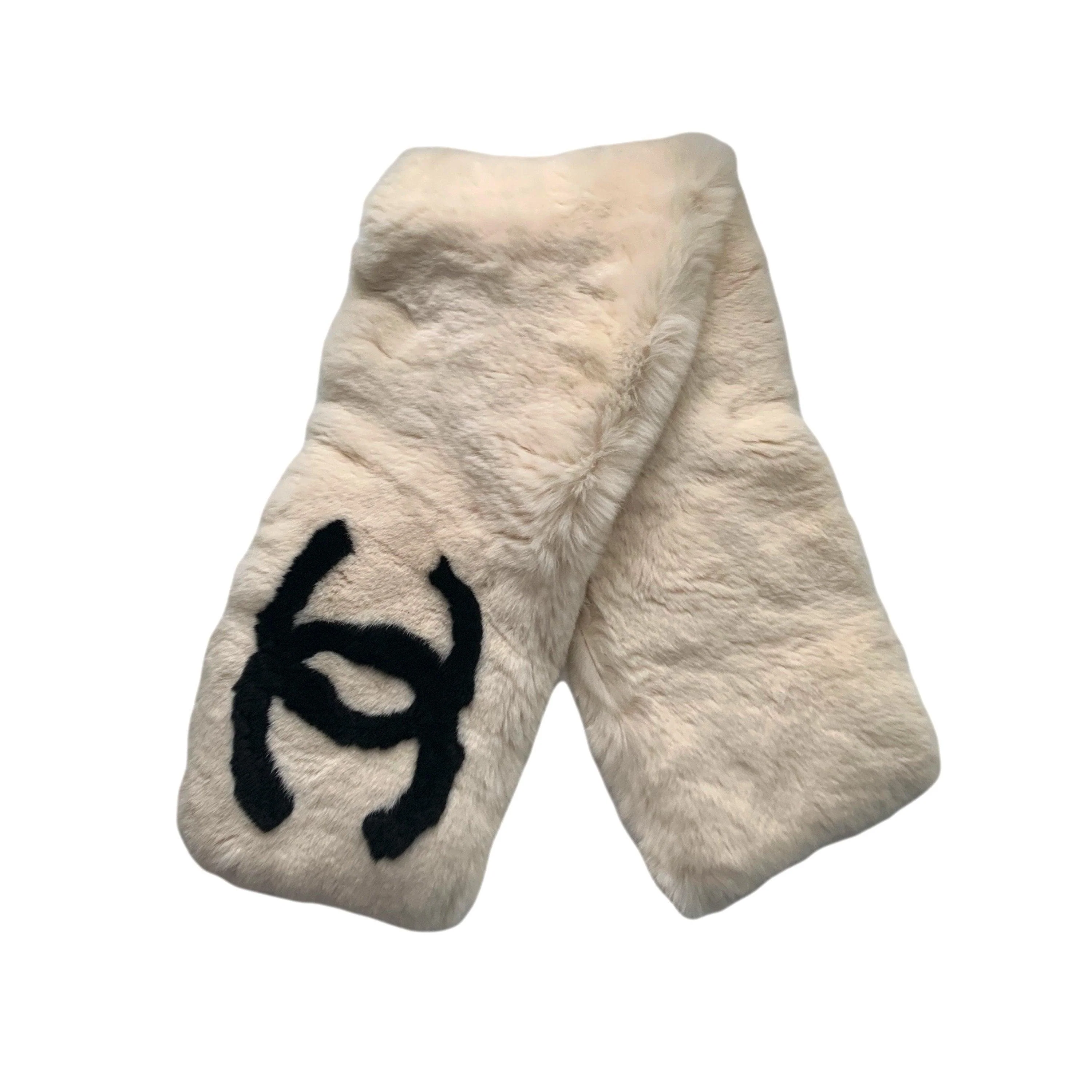 Chanel White Fur Logo Scarf