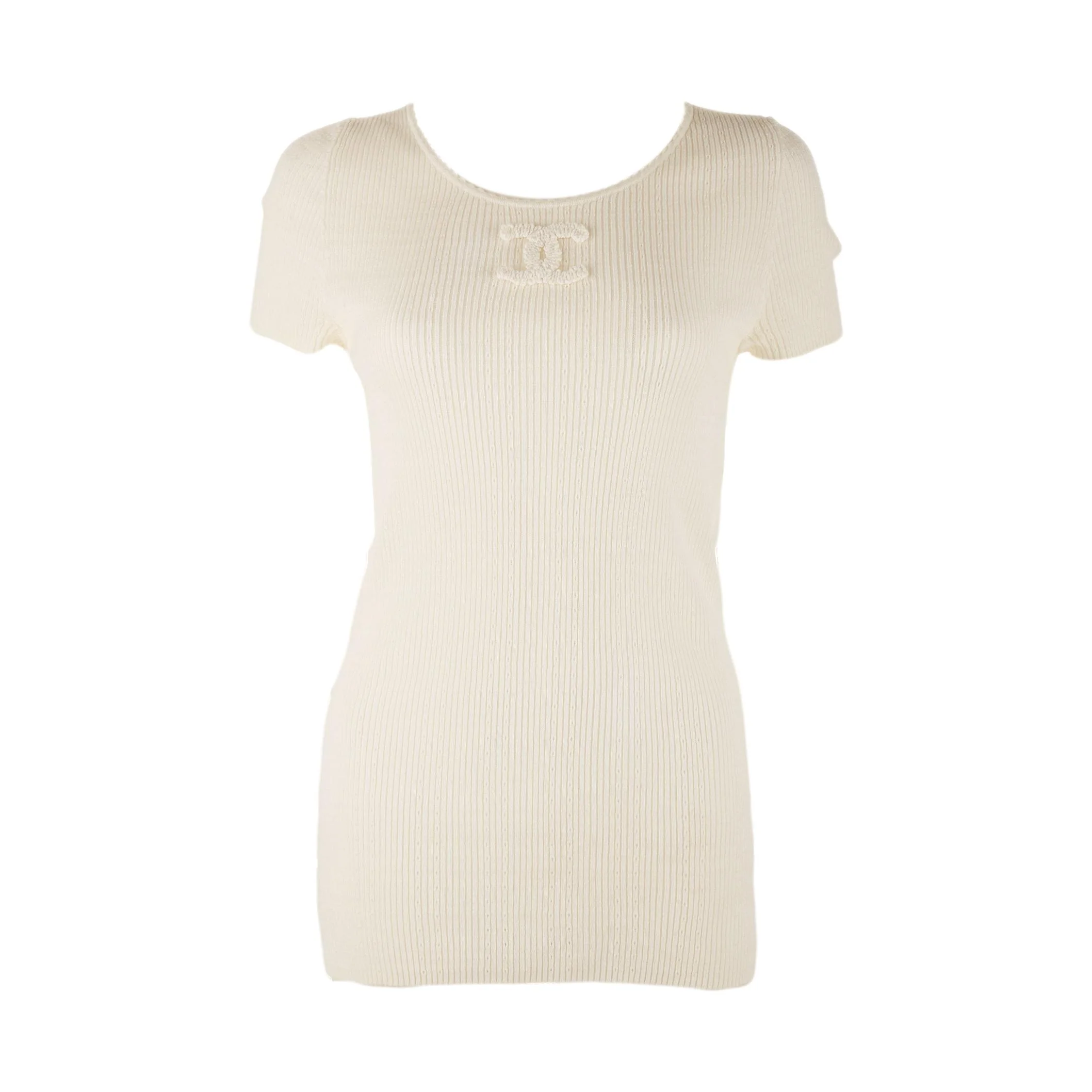 Chanel White Ribbed Logo Top