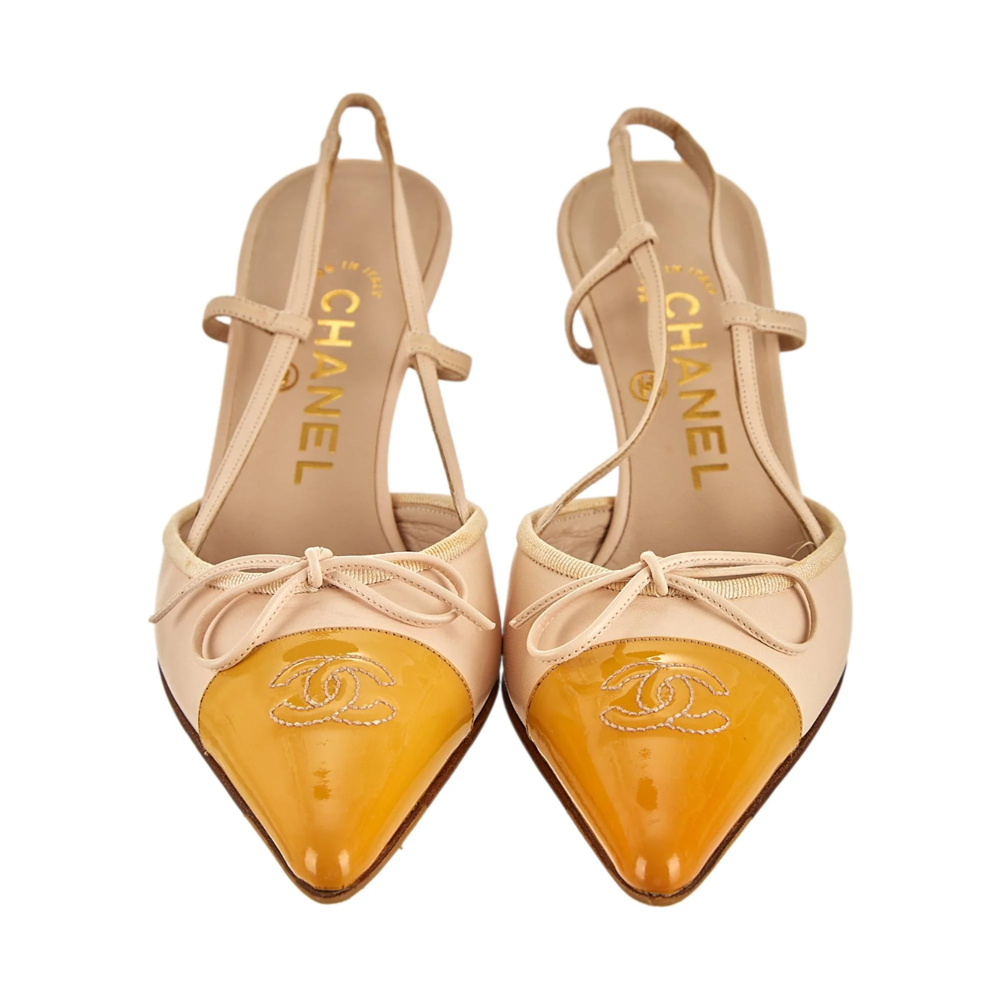 Chanel Yellow Logo Bow Slingback Heels - Image 2