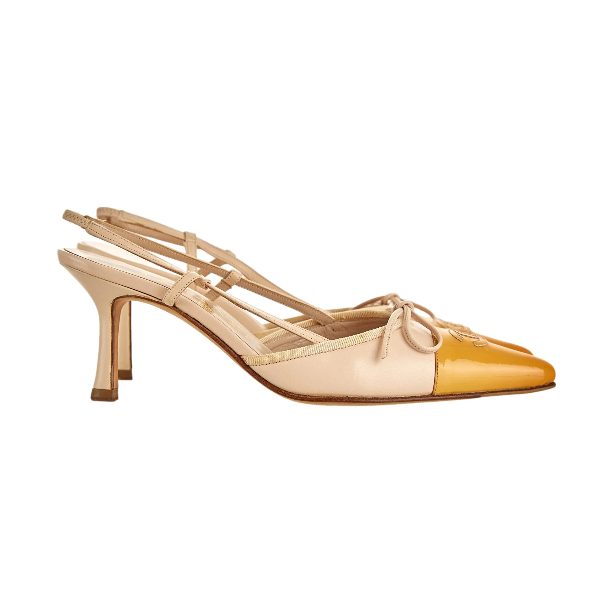 Chanel Yellow Logo Bow Slingback Heels - Image 3