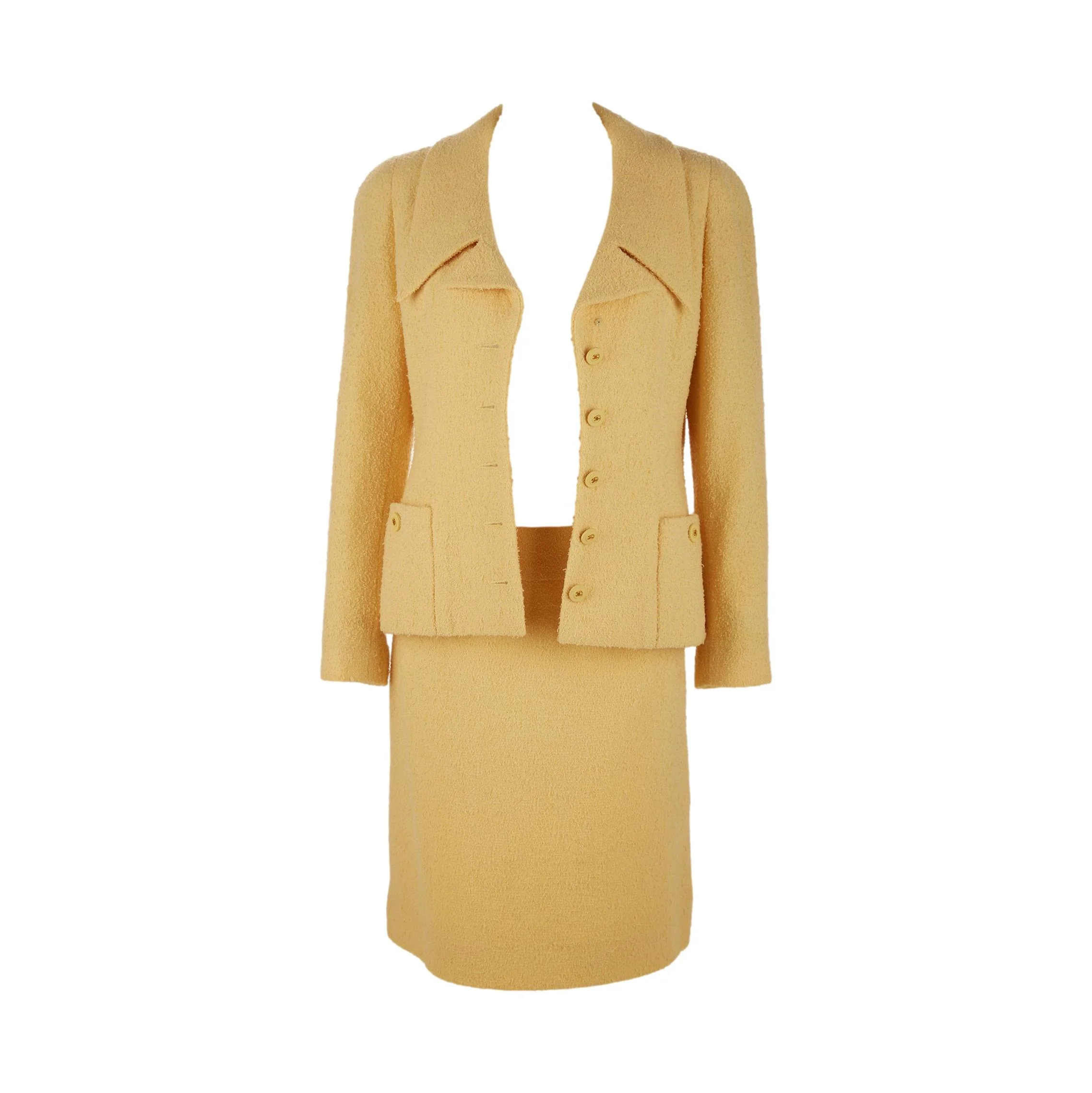 Chanel Yellow Logo Button Skirt Set