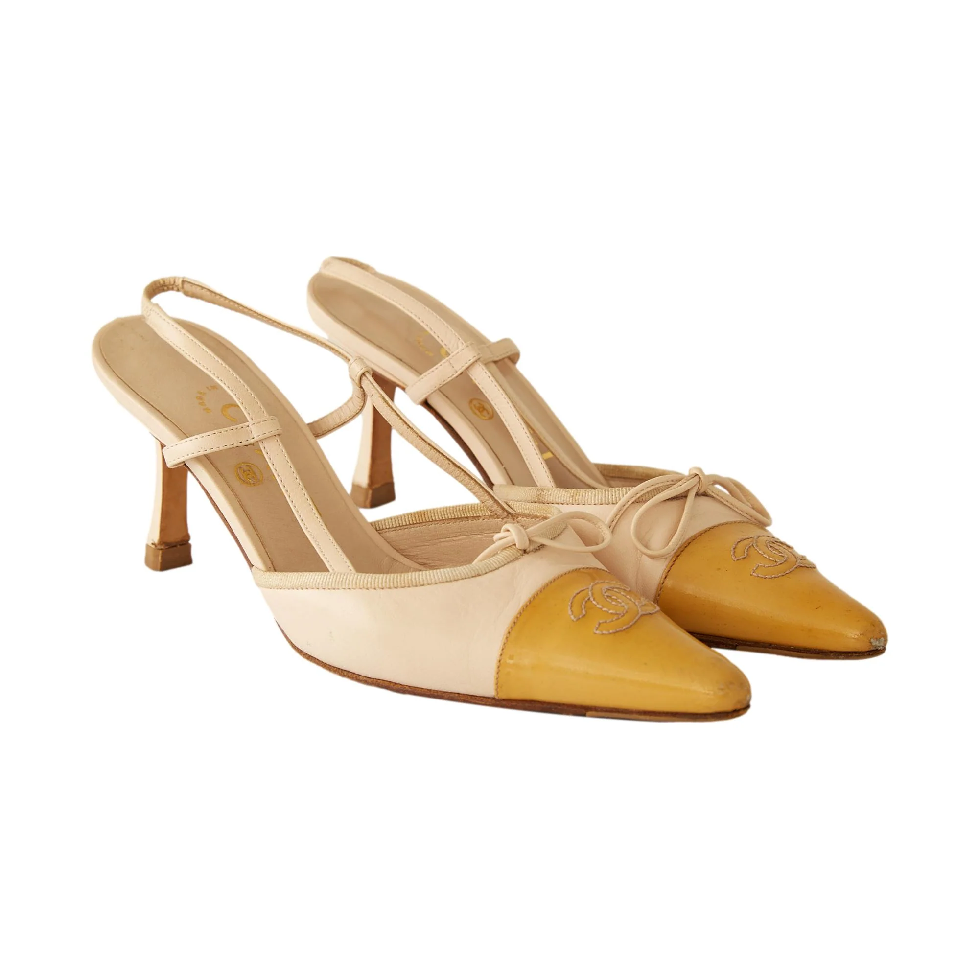Chanel Yellow Logo Slingback Heels - Image 2