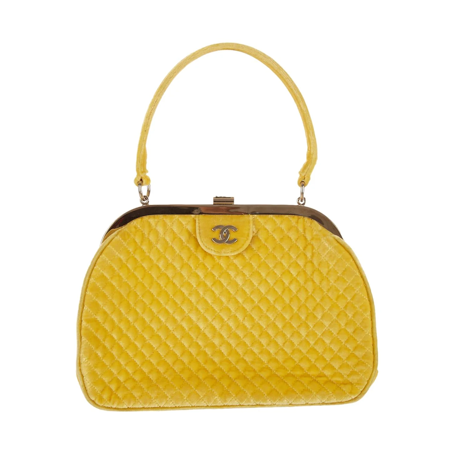 Chanel Yellow Velour Quilted Top Handle Bag