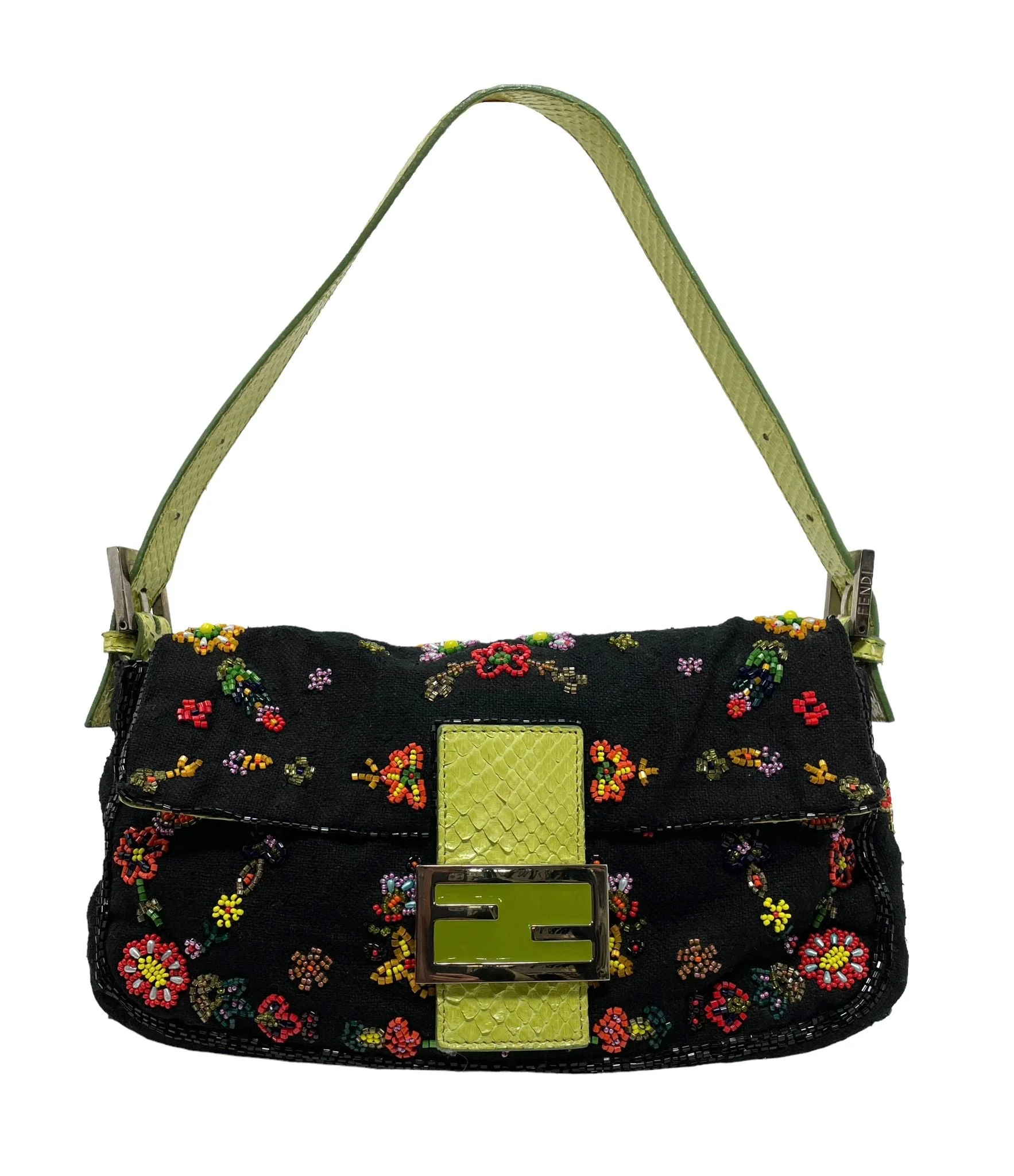 Fendi Black Beaded Canvas Baguette