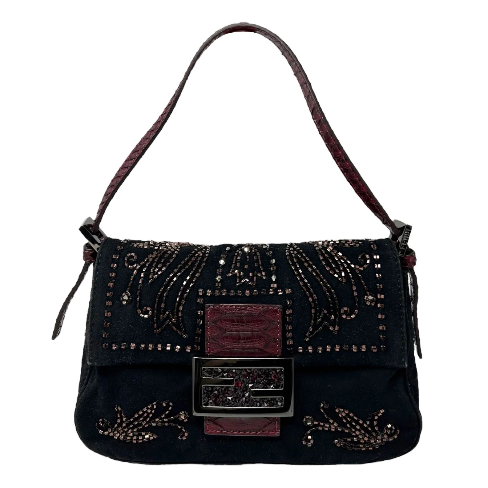 Fendi Black Suede Beaded Mini Baguette