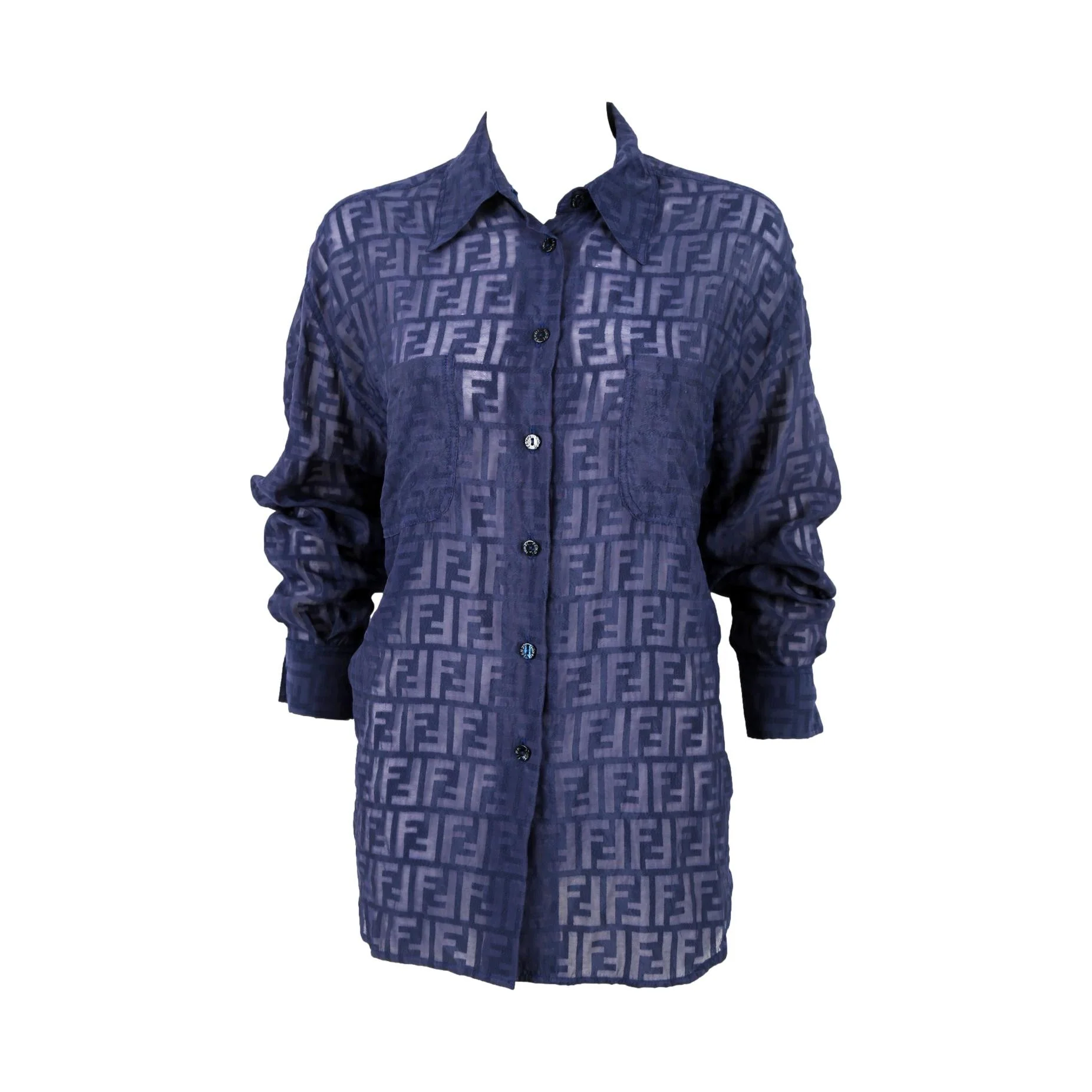 Fendi Navy Blue Sheer Logo Button Up