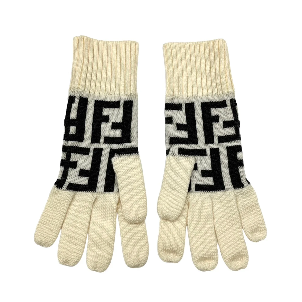 Fendi White Logo Wool Gloves - Image 2