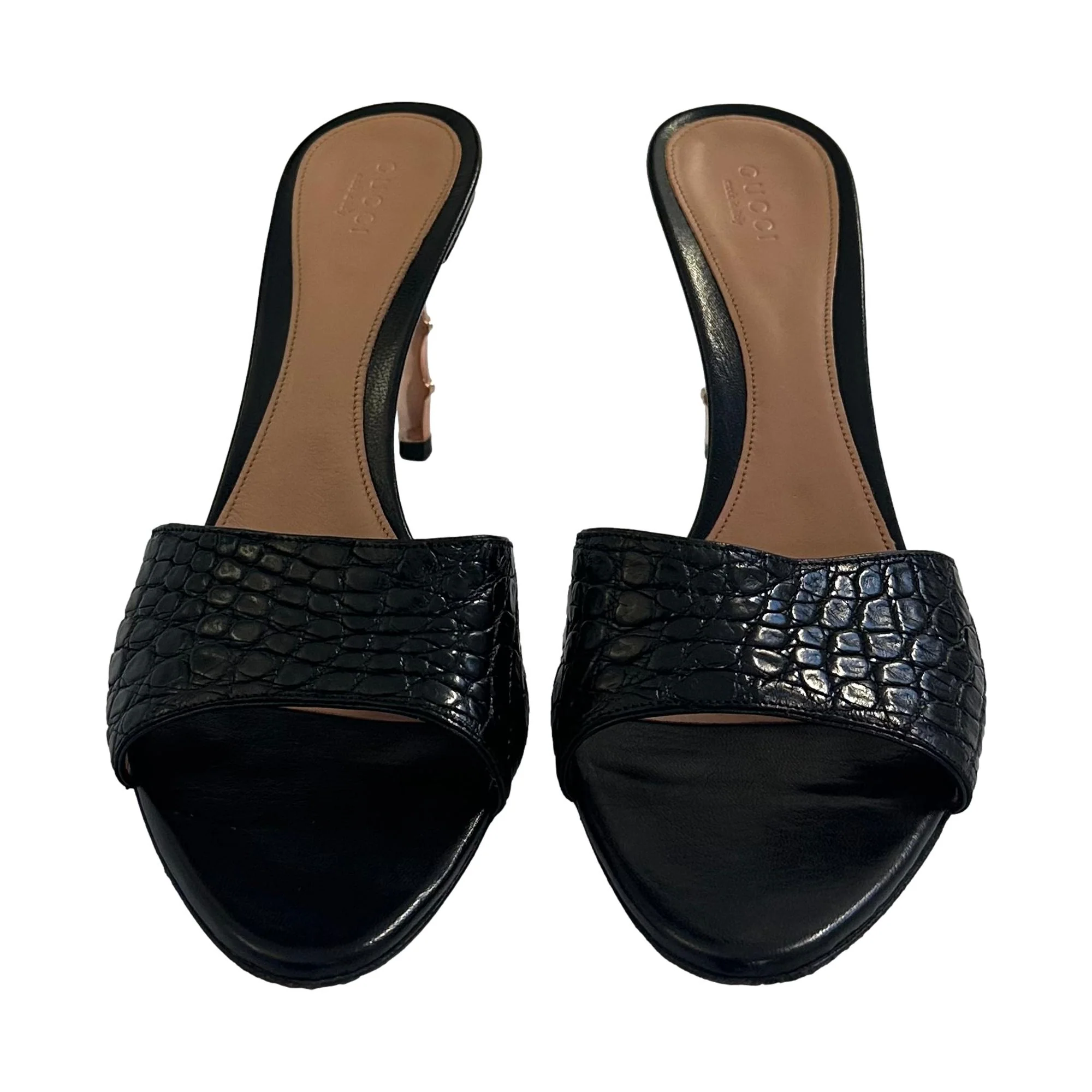 Gucci Black Embossed Leather Bamboo Heels - Image 2