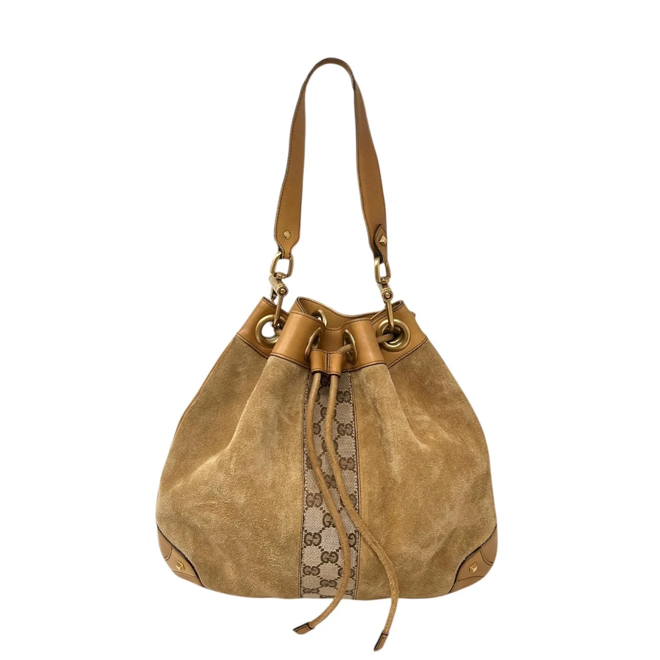 Gucci Brown Suede Logo Bucket Bag