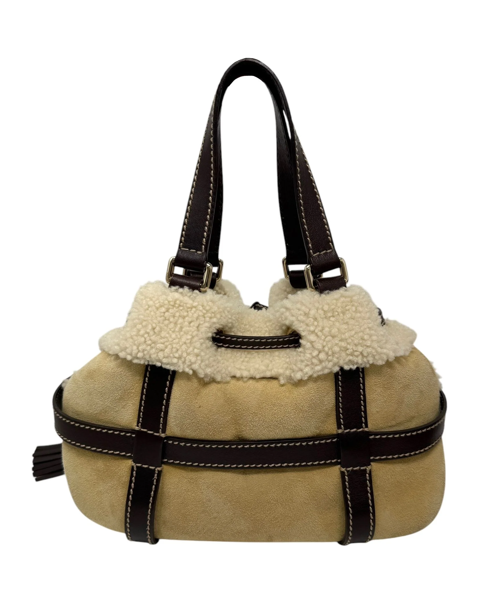 Gucci Brown Suede Shearling Shoulder Bag - Image 3