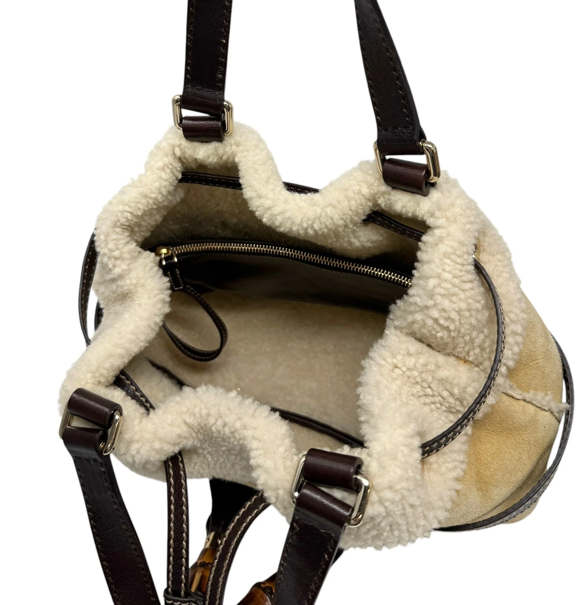 Gucci Brown Suede Shearling Shoulder Bag - Image 4
