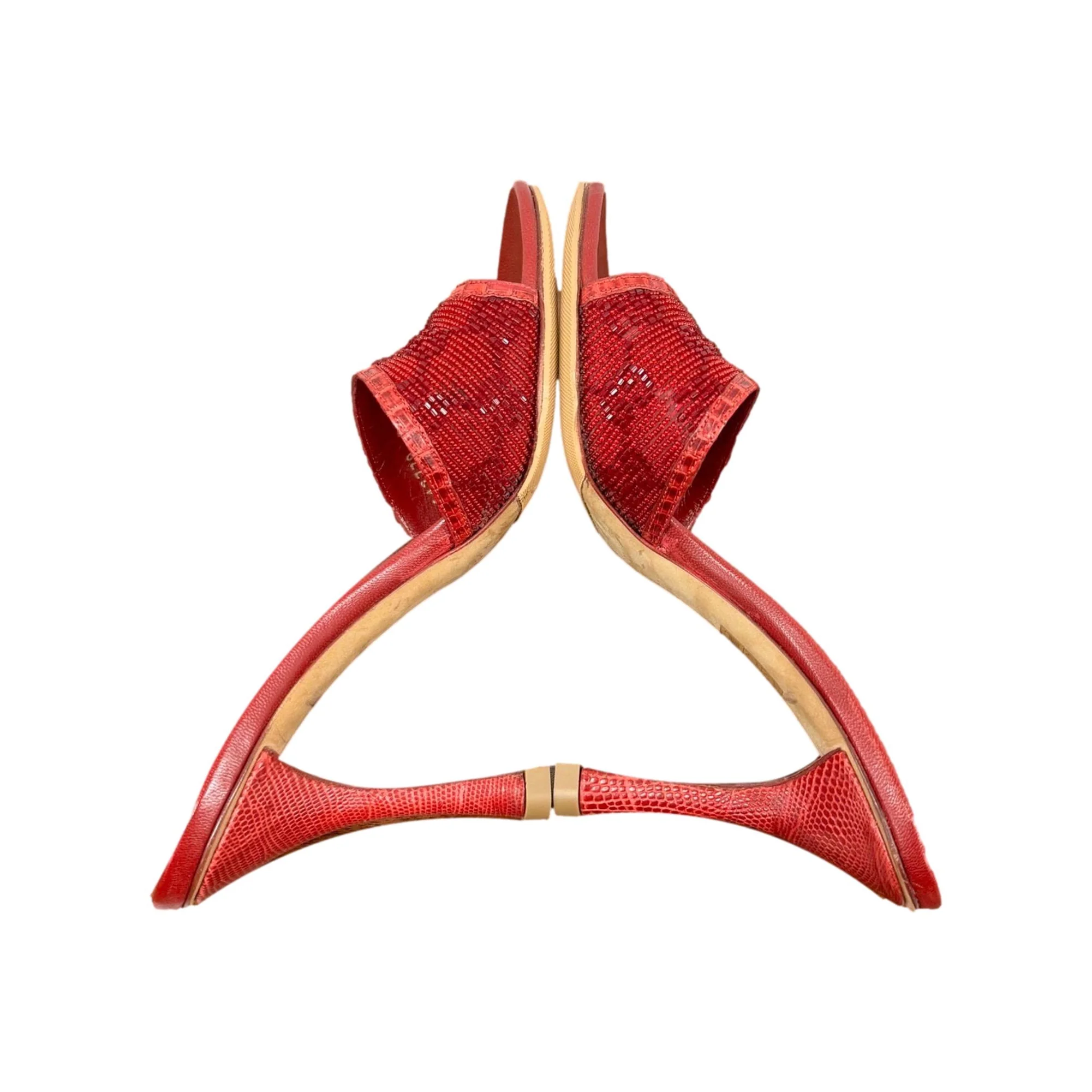 Gucci Red Beaded Logo Heels - Image 2