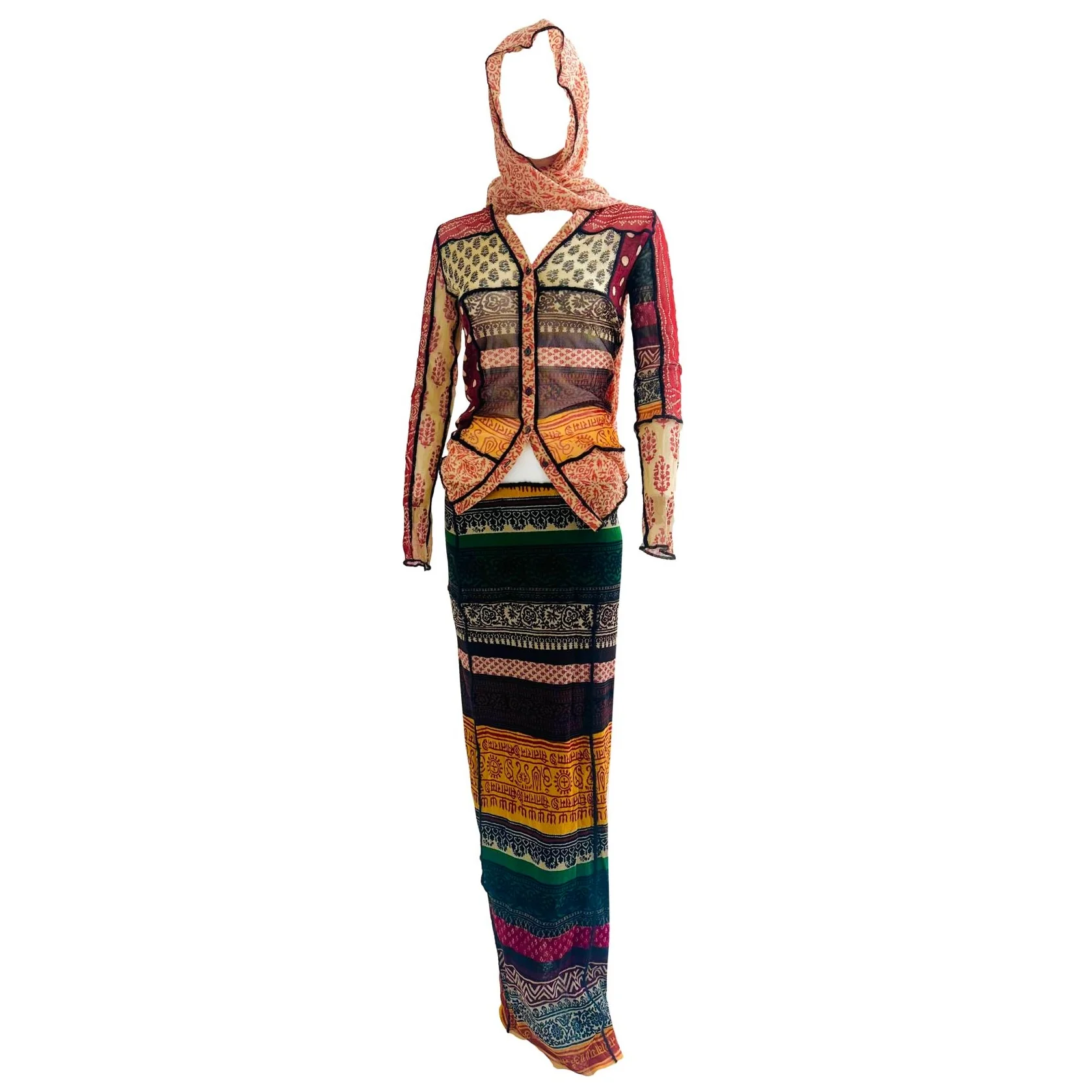Jean Paul Gaultier Mesh Patchwork Print Skirt Set