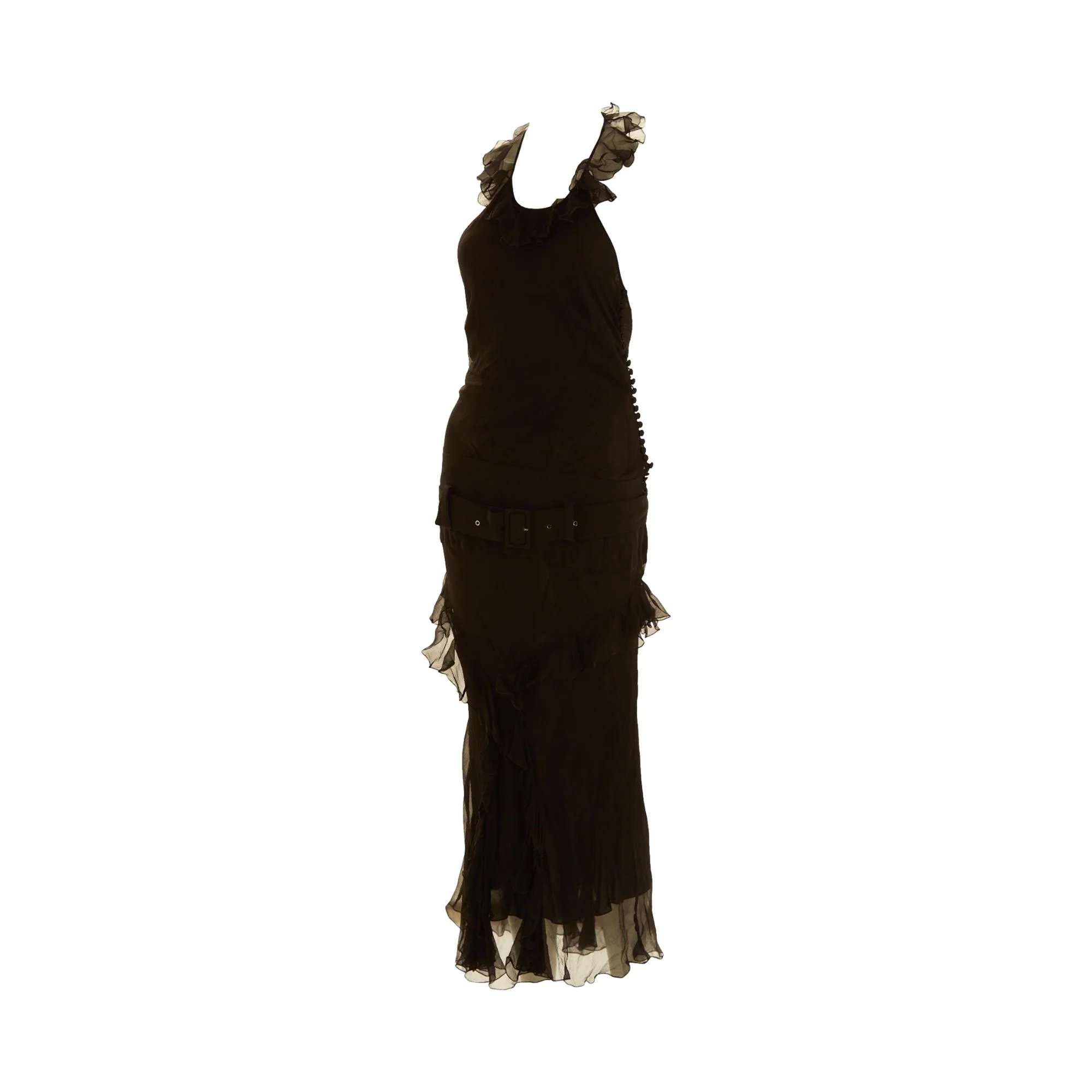 John Galliano Black Belted Silk Ruffle Gown - Image 3