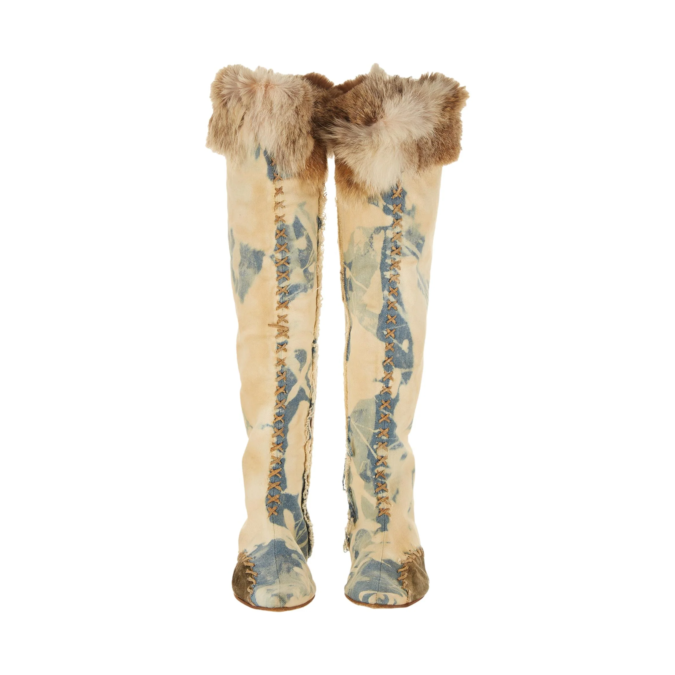 Galliano Distressed Denim Fur Boots - Image 2