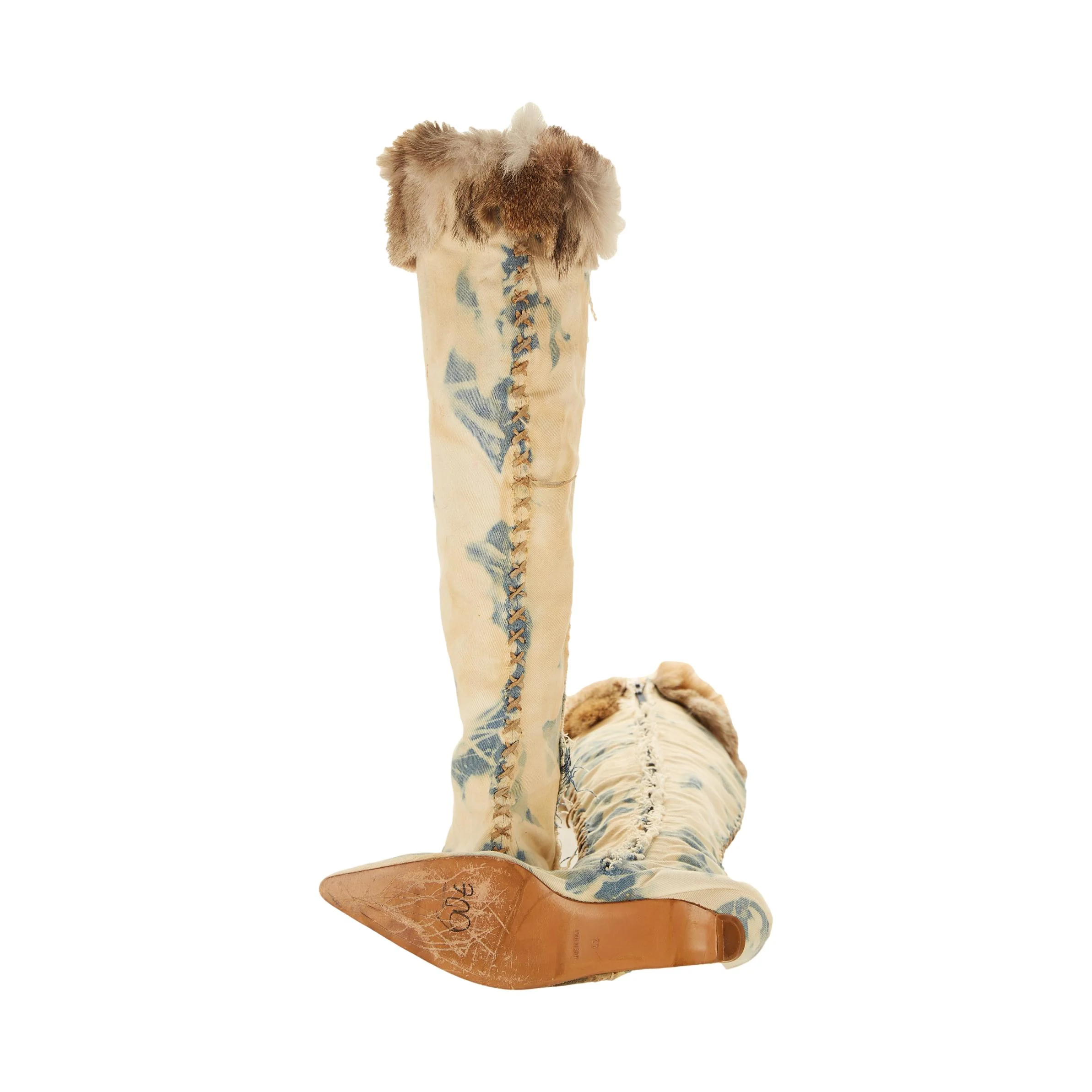 Galliano Distressed Denim Fur Boots - Image 3