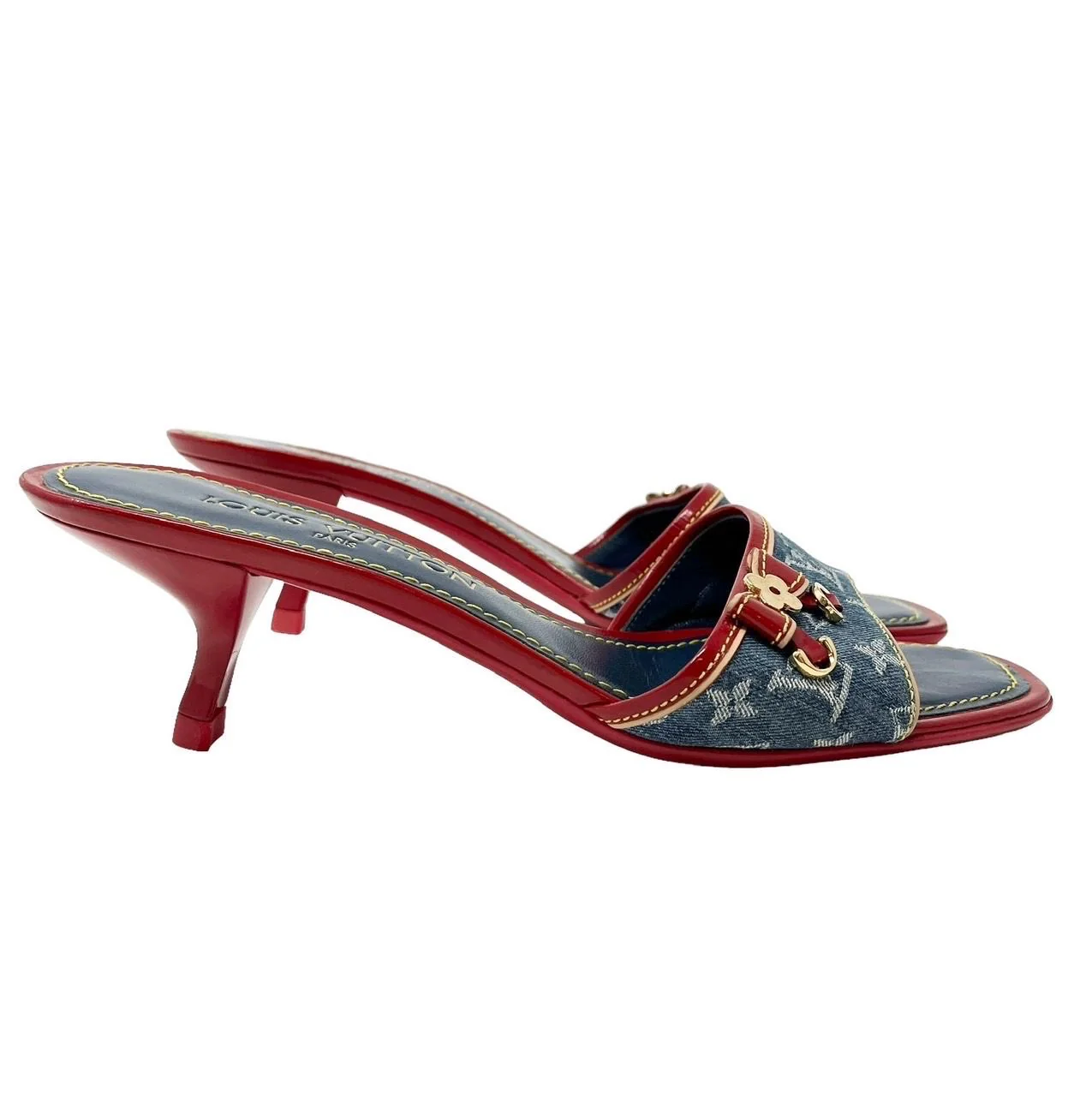 Louis Vuitton Denim + Red Kitten Heels - Image 2