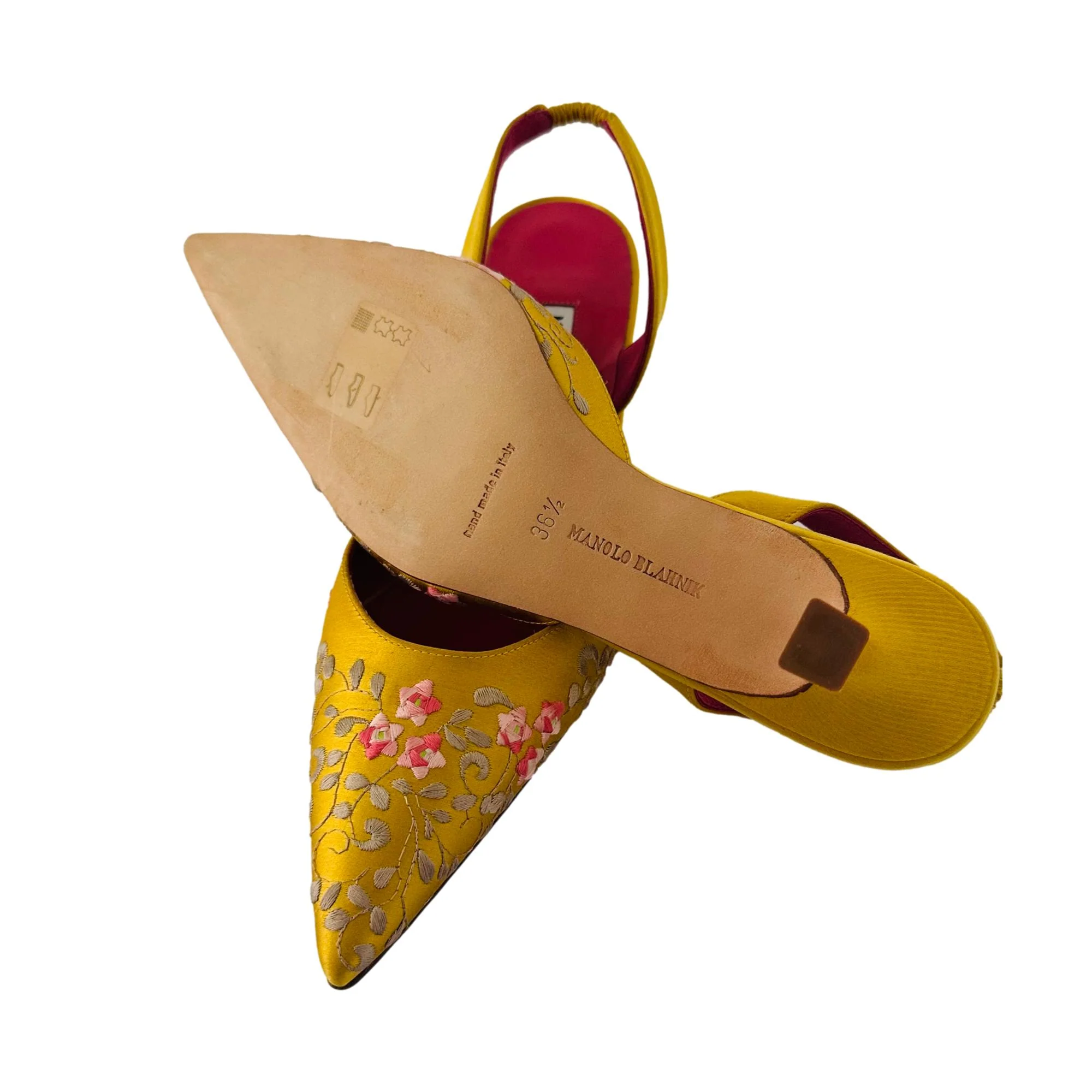 Manola Blahnik Yellow Embroidered Heels - Image 3