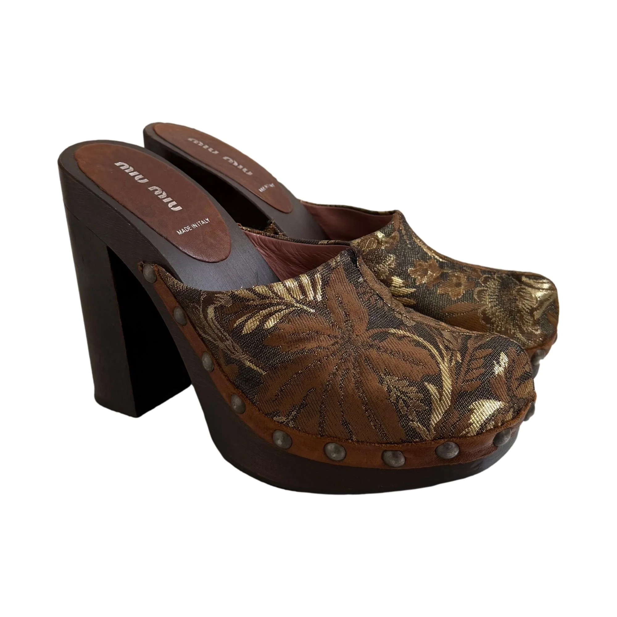 Miu Miu Brown Brocade Wooden Clogs - Image 3