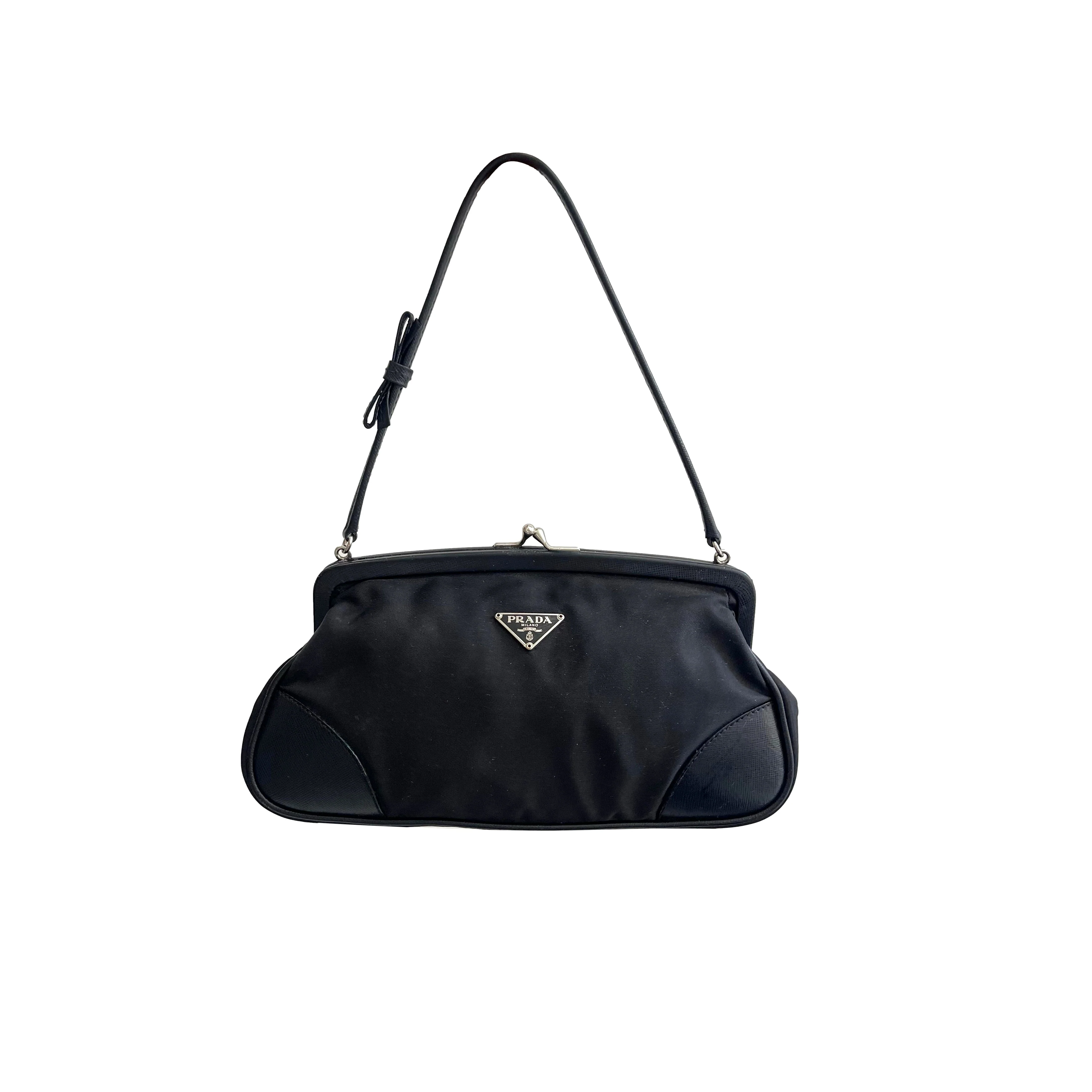 Prada Black Nylon Kiss Lock Shoulder Bag