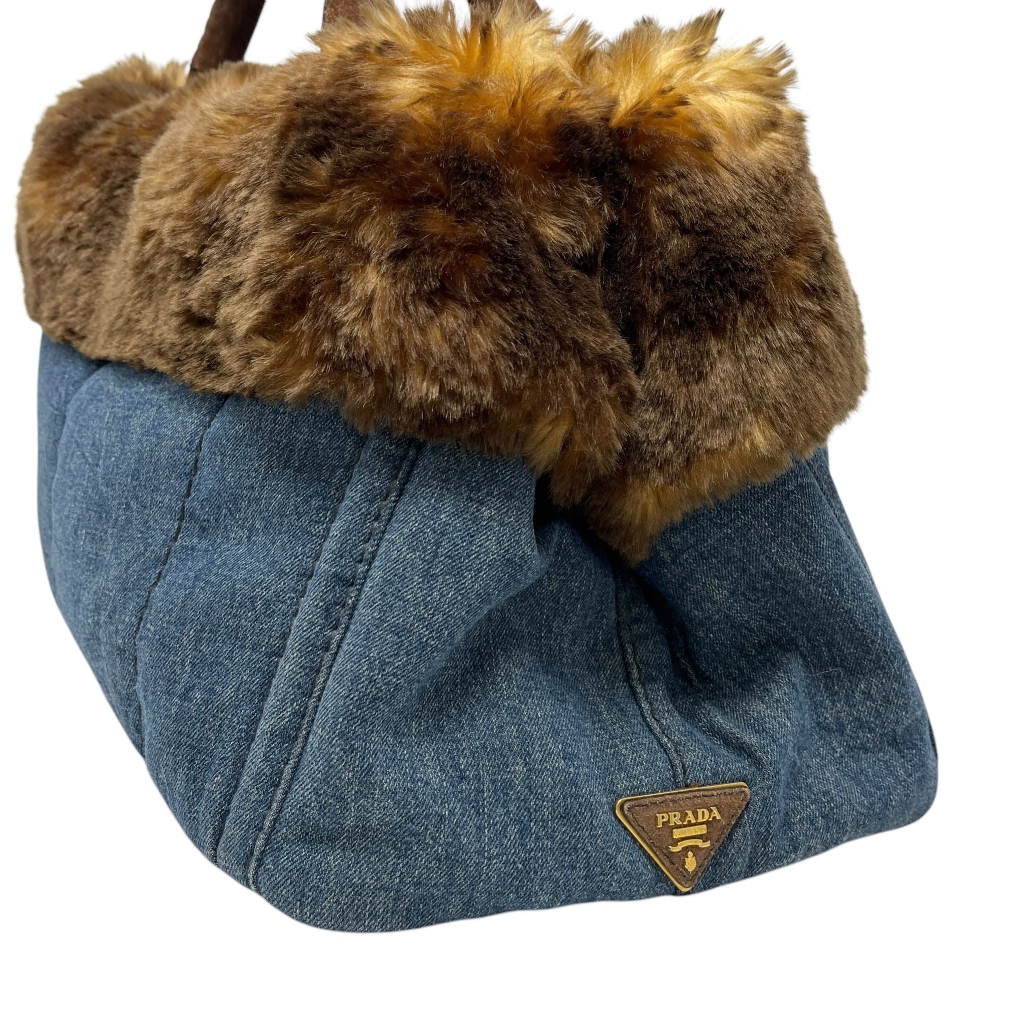 Prada Brown Fur Denim Top Handle Bag - Image 3