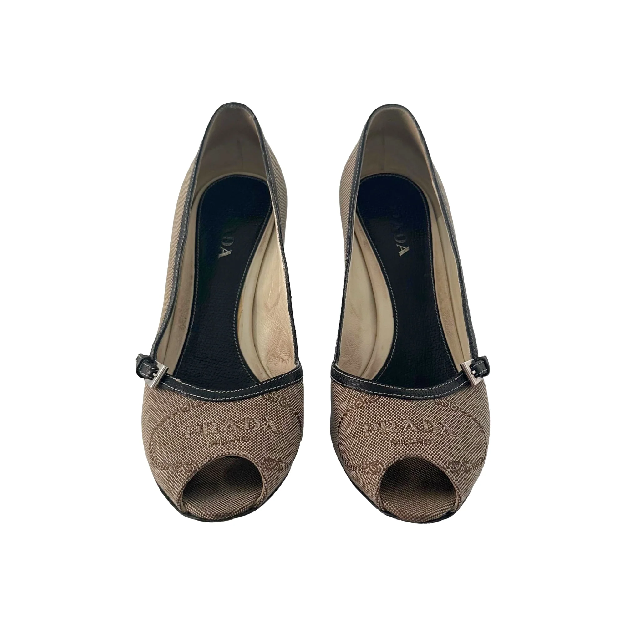 Prada Brown Logo Peep Toe Heels