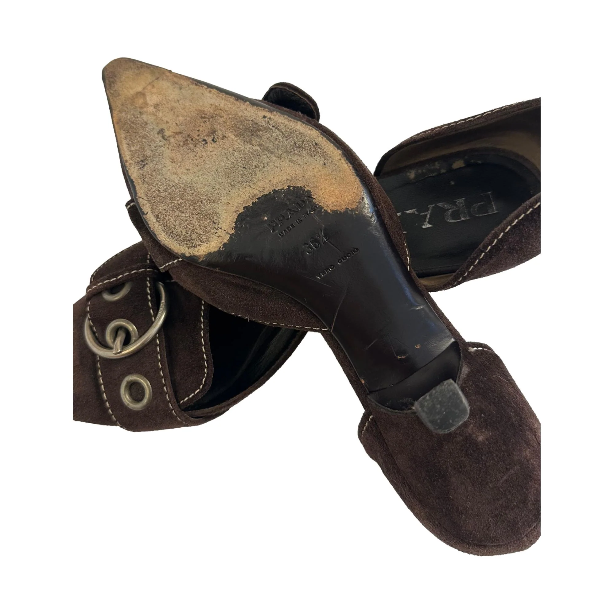 Prada Brown Suede Buckle Kitten Heels - Image 3
