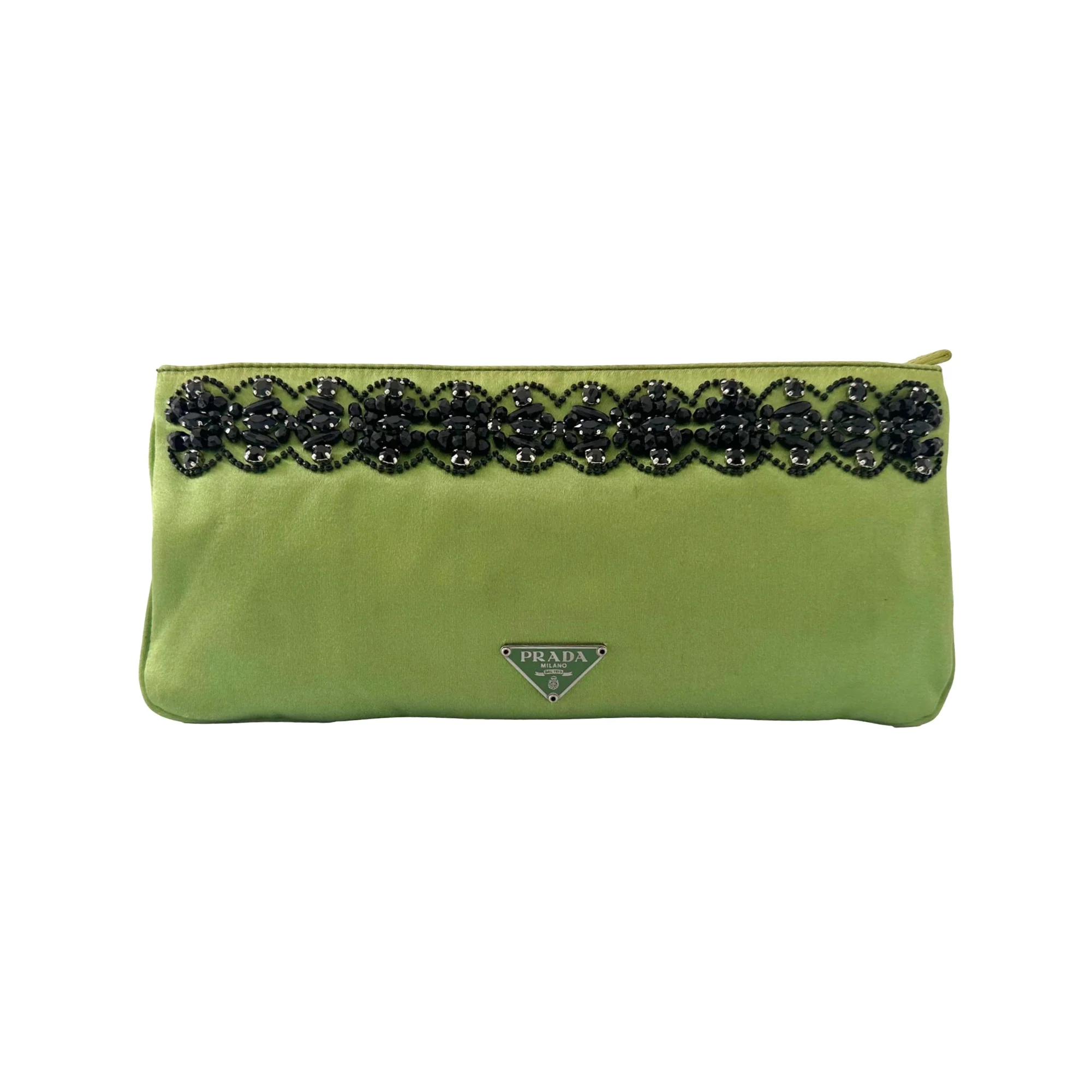 Prada Lime Green Satin Beaded Clutch