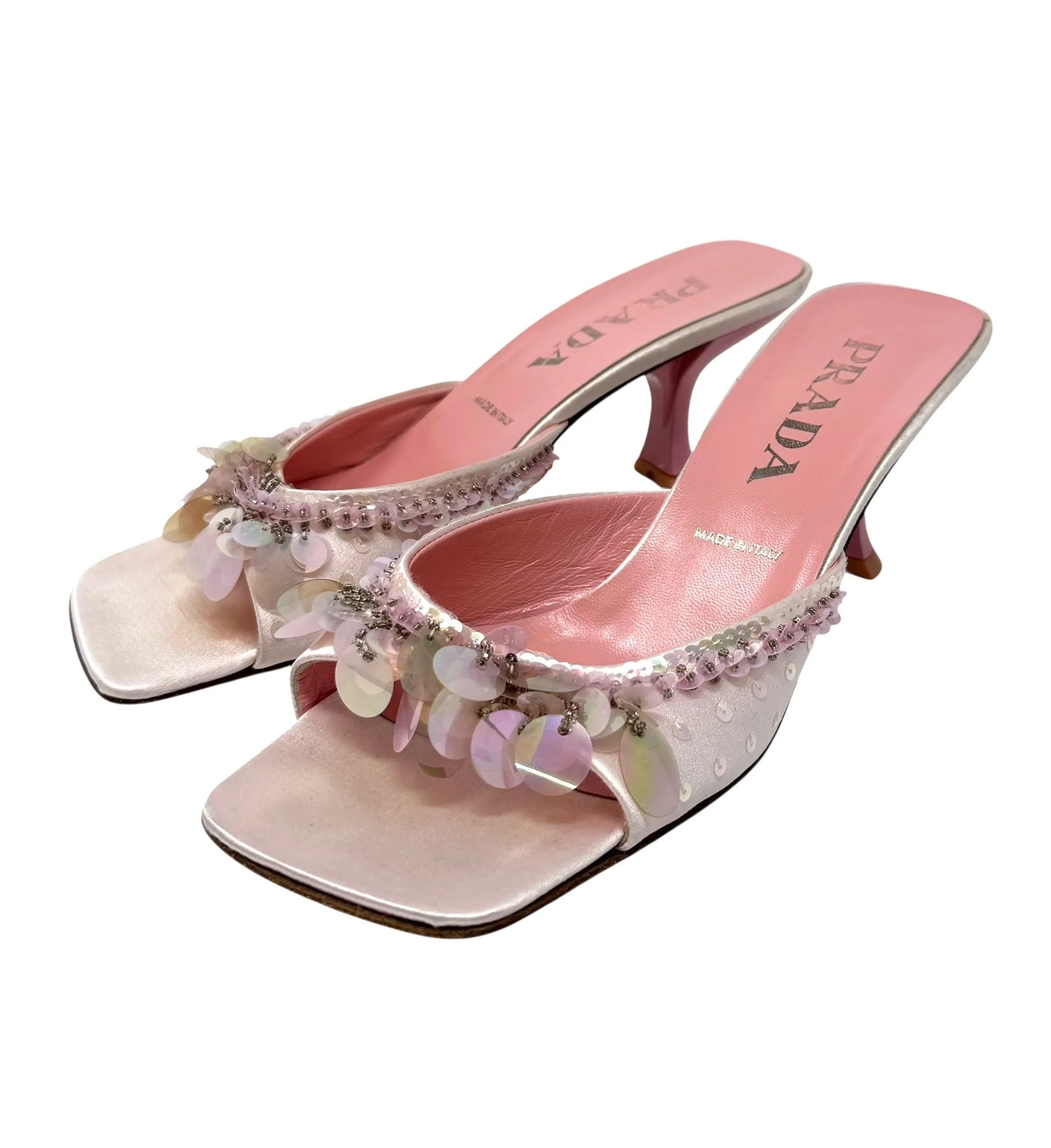 Prada Pink Satin Sequin Heels - Image 2