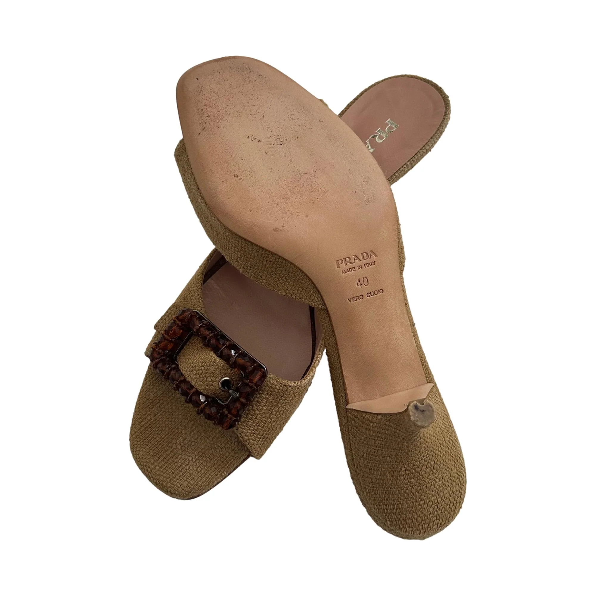 Prada Raffia Beaded Buckle Kitten Heels - Image 2