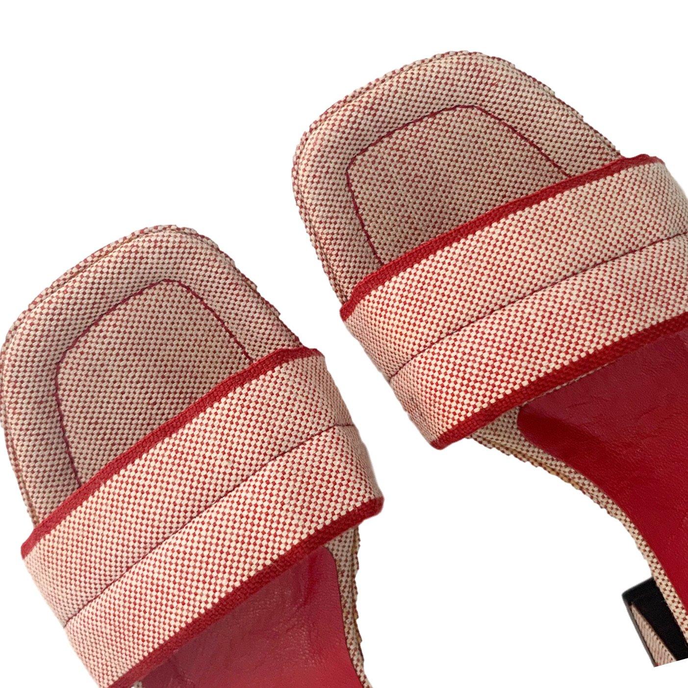 Prada Red Canvas Logo Block Heels - Image 3