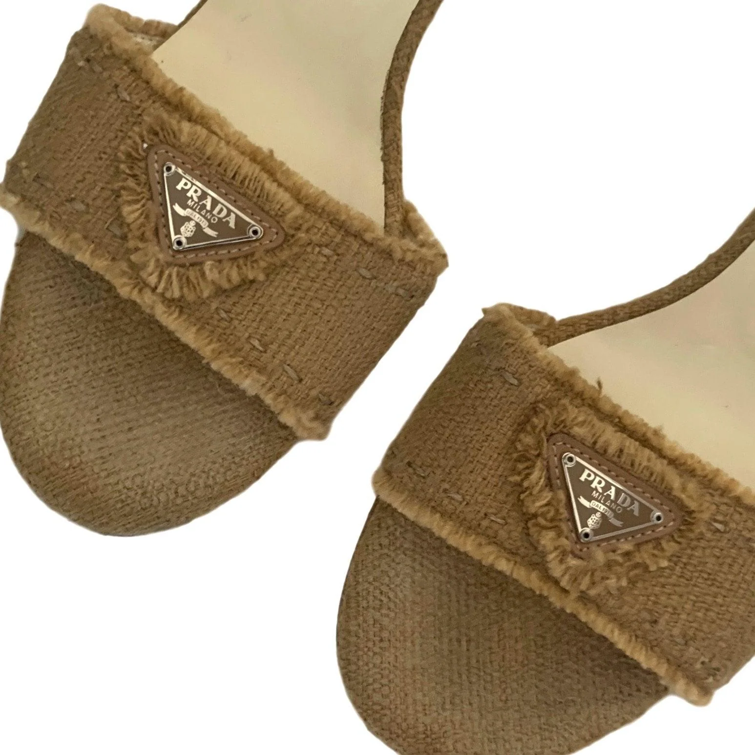Prada Tan Burlap Logo Slides - Image 3